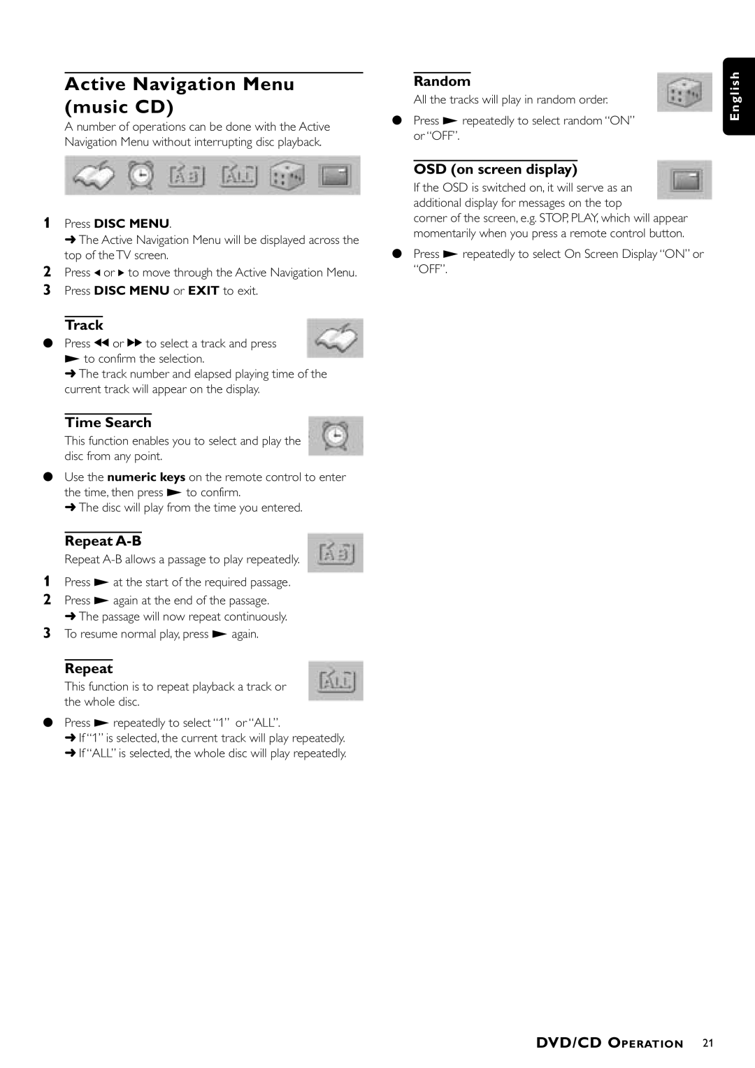 Philips MX-1050D, MX-1060D manual Active Navigation Menu music CD, Track, Repeat, Random 