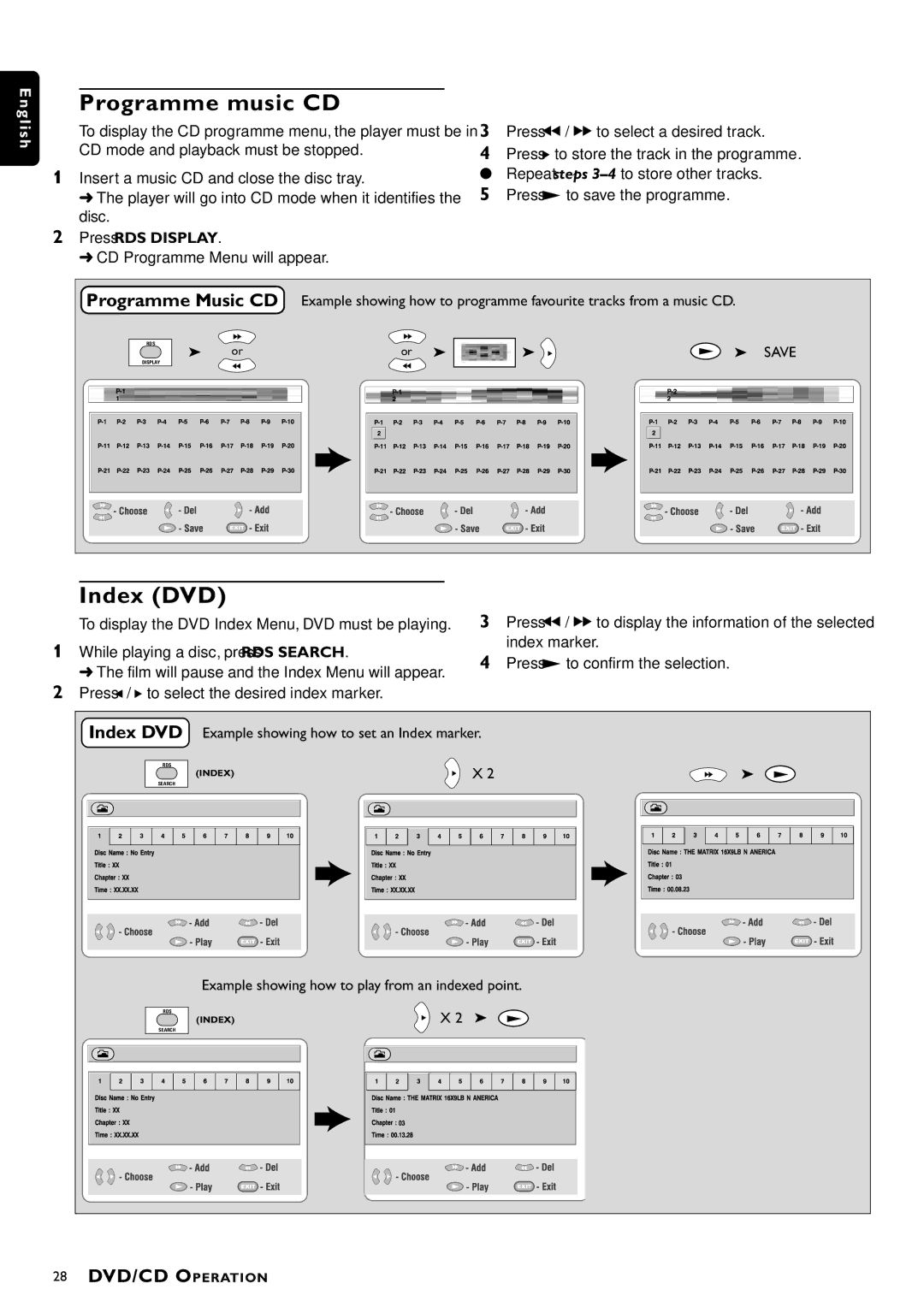 Philips MX-1060D manual Programme music CD, Index DVD, Press RDS Display, Example showing how to play from an indexed point 