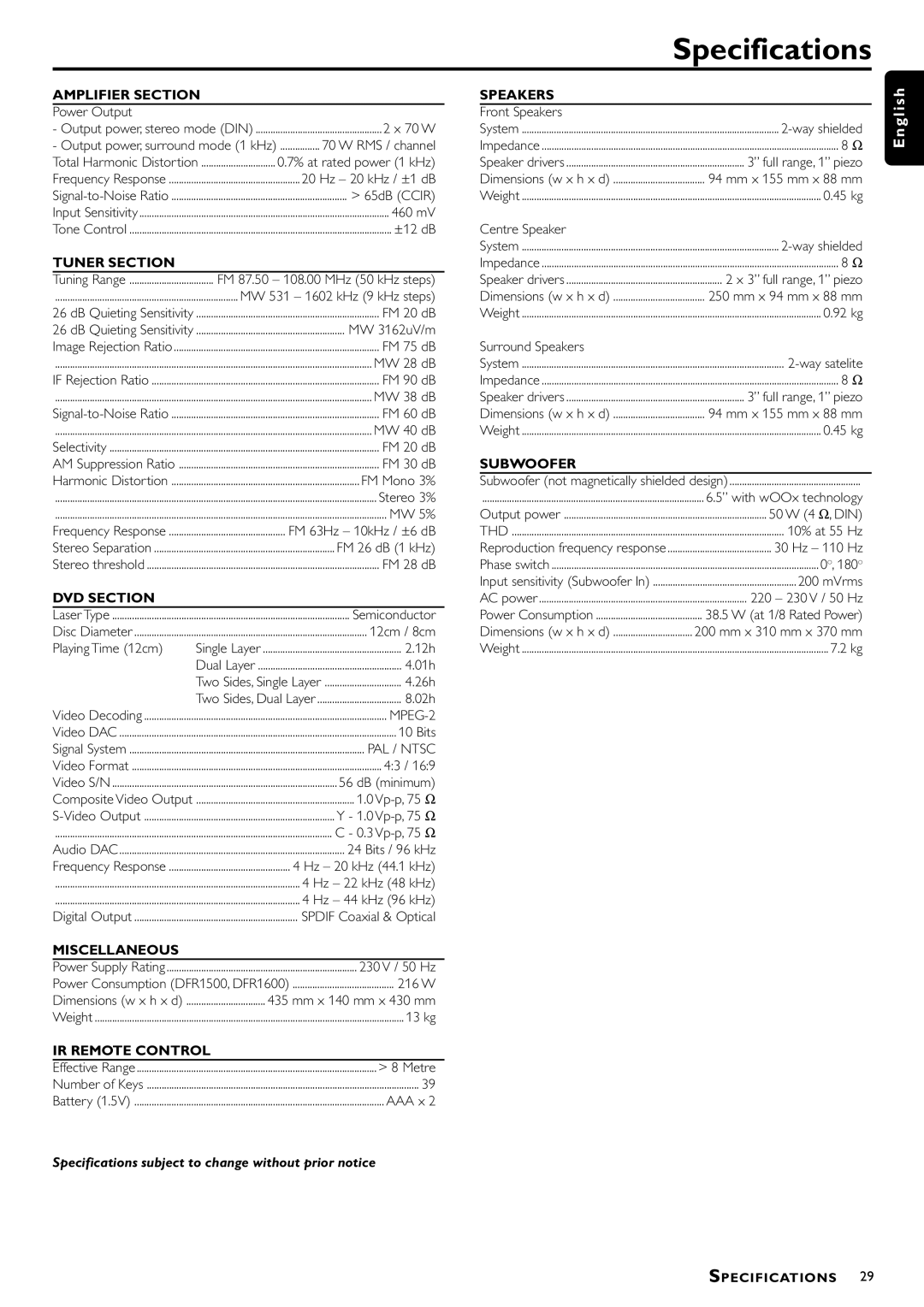 Philips MX-1050D, MX-1060D manual Specifications, Amplifier Section 