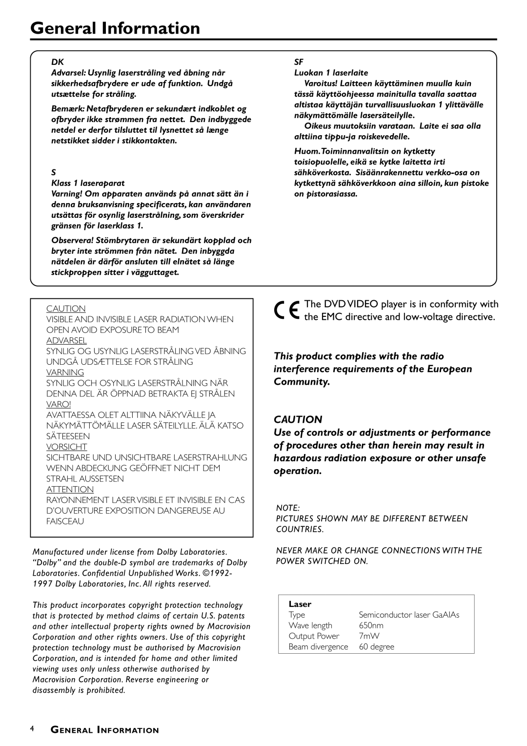 Philips MX-1060D, MX-1050D manual General Information, Laser 