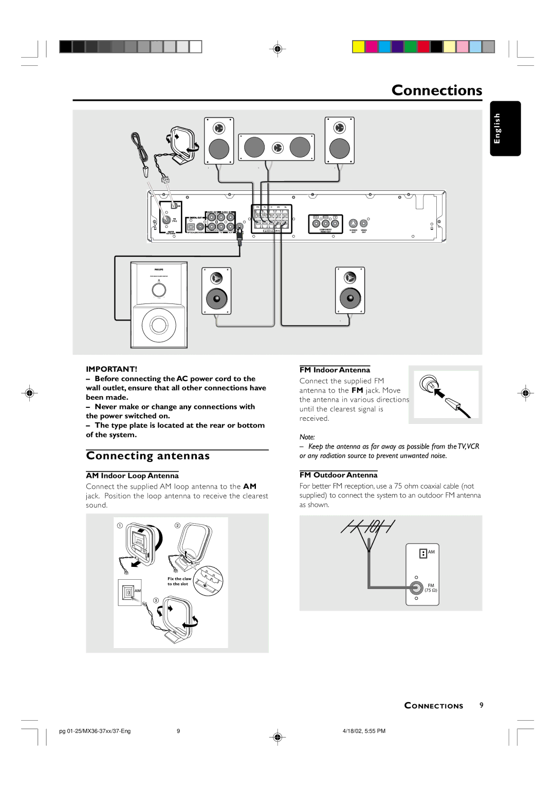 Philips MX-3700D warranty Connections, Connecting antennas, English 