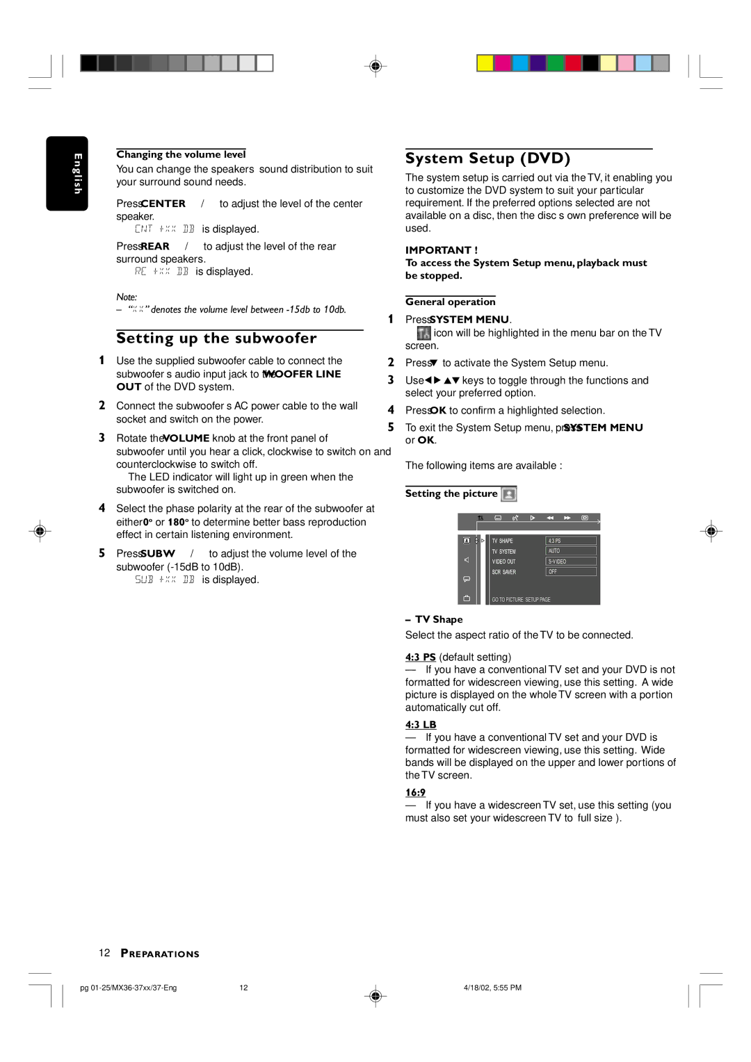 Philips MX-3700D warranty Setting up the subwoofer, System Setup DVD, Lis Your surround sound needs 