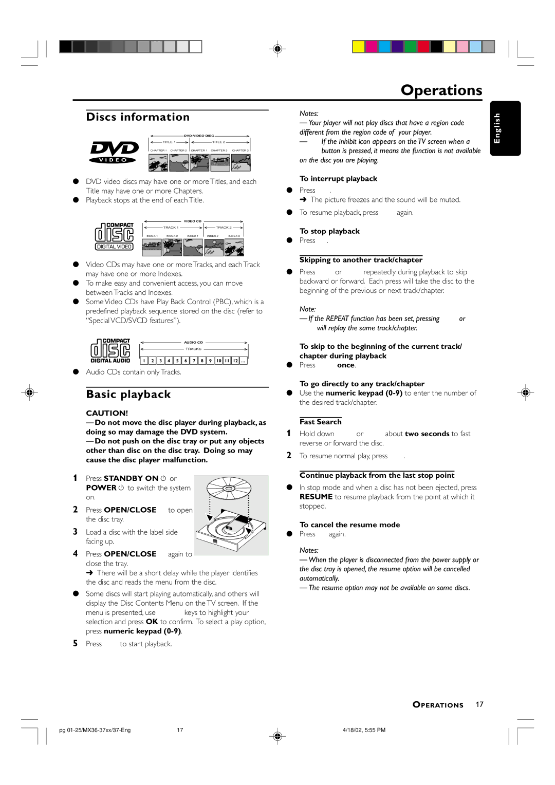 Philips MX-3700D warranty Operations, Discs information, Basic playback 