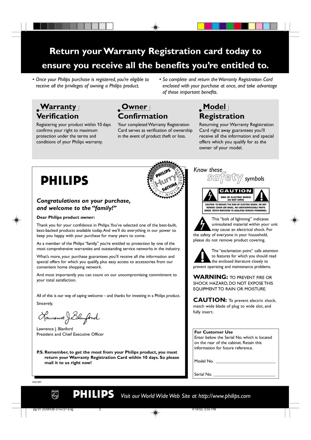 Philips MX-3700D warranty Dear Philips product owner, For Customer Use 