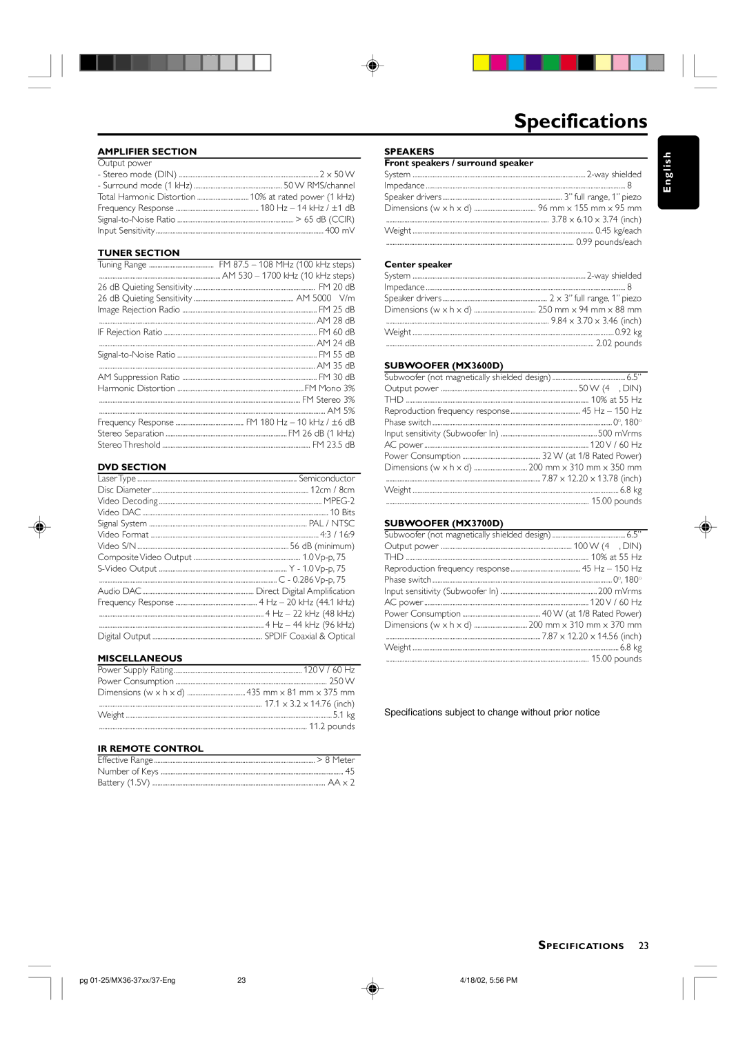 Philips MX-3700D warranty Specifications, Amplifier Section 