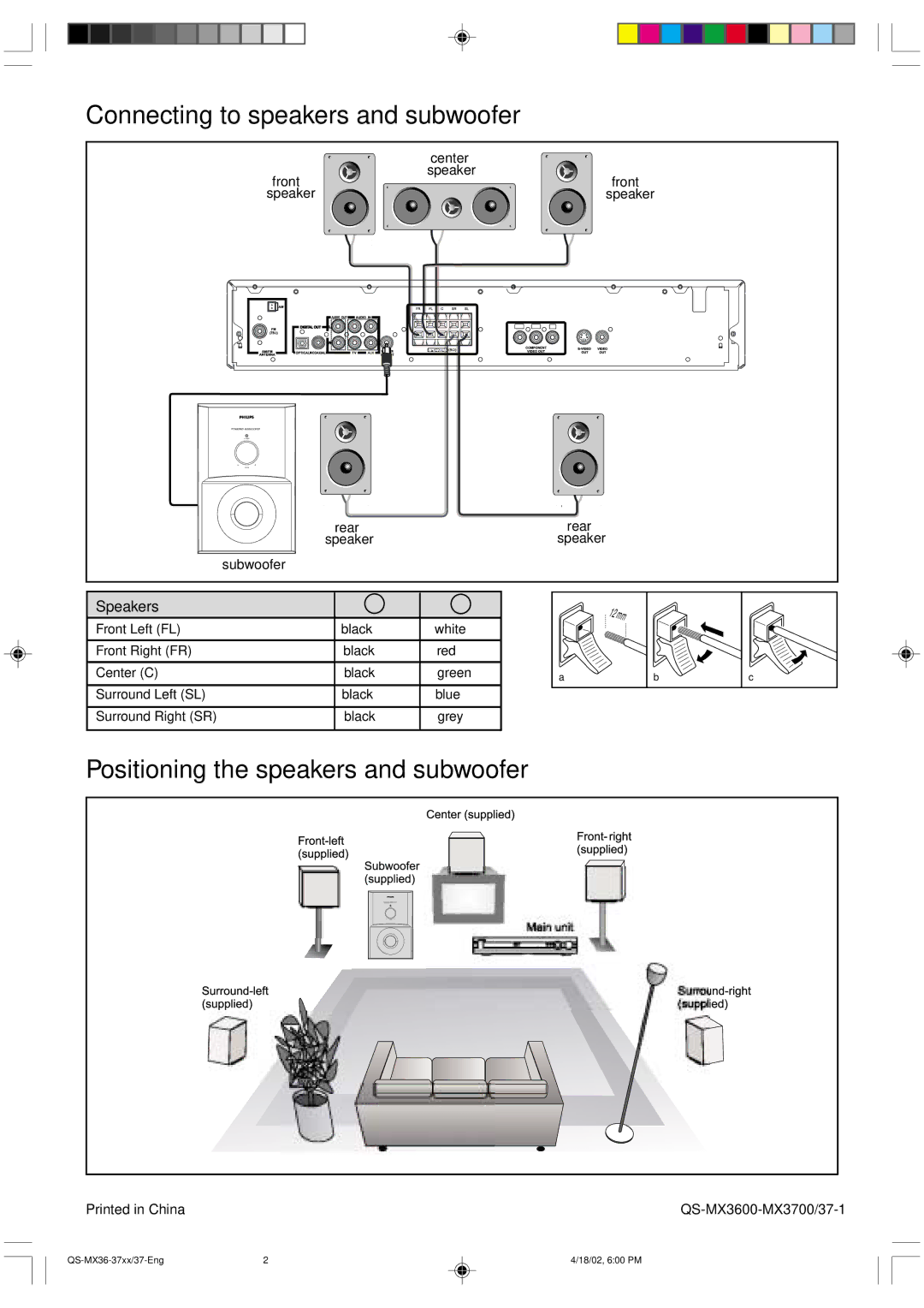 Philips MX-3700D warranty Connecting to speakers and subwoofer, Positioning the speakers and subwoofer, Speaker 