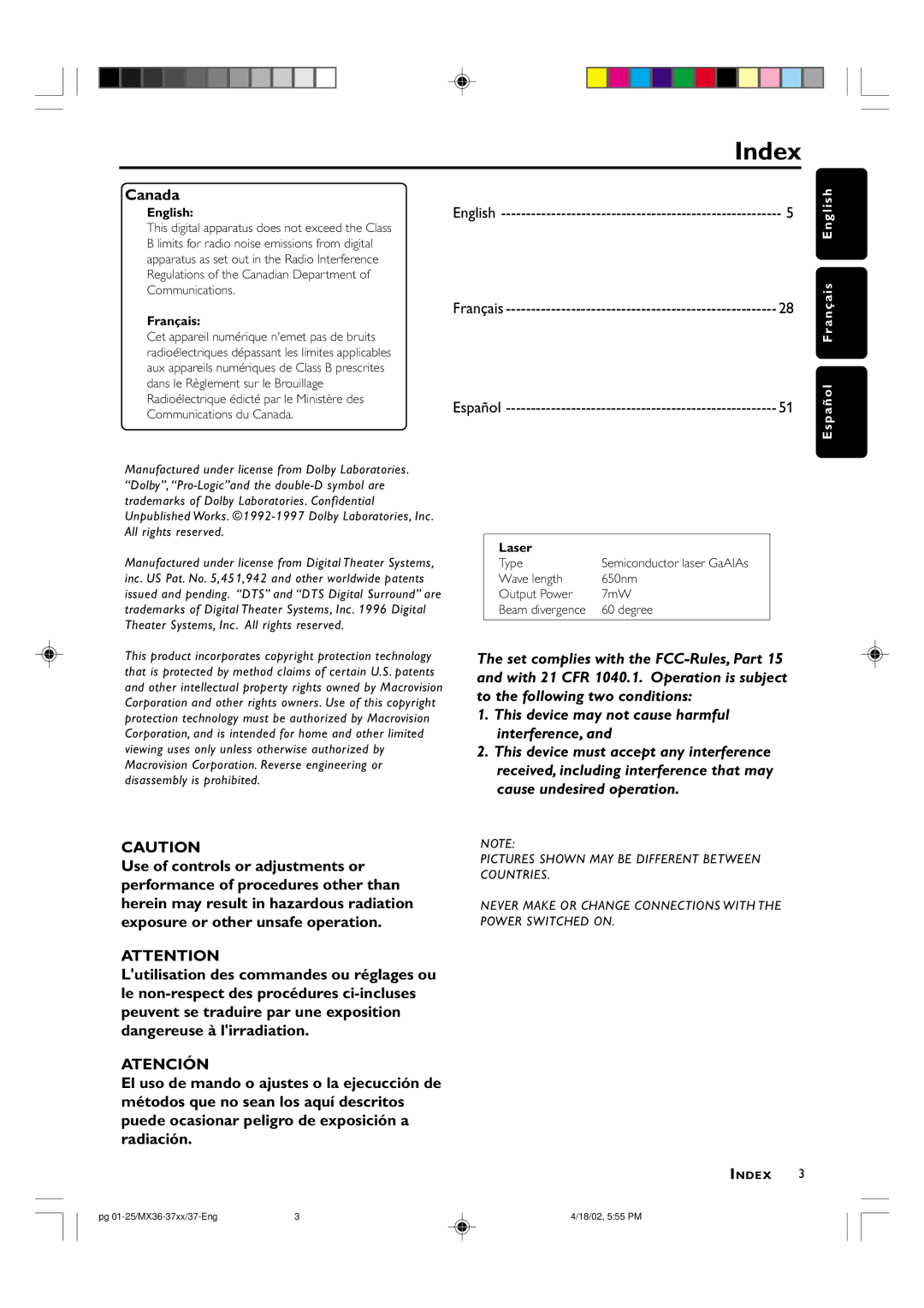 Philips MX-3700D warranty Index, S E n g l i s h, P a ño l Fr a n ç 