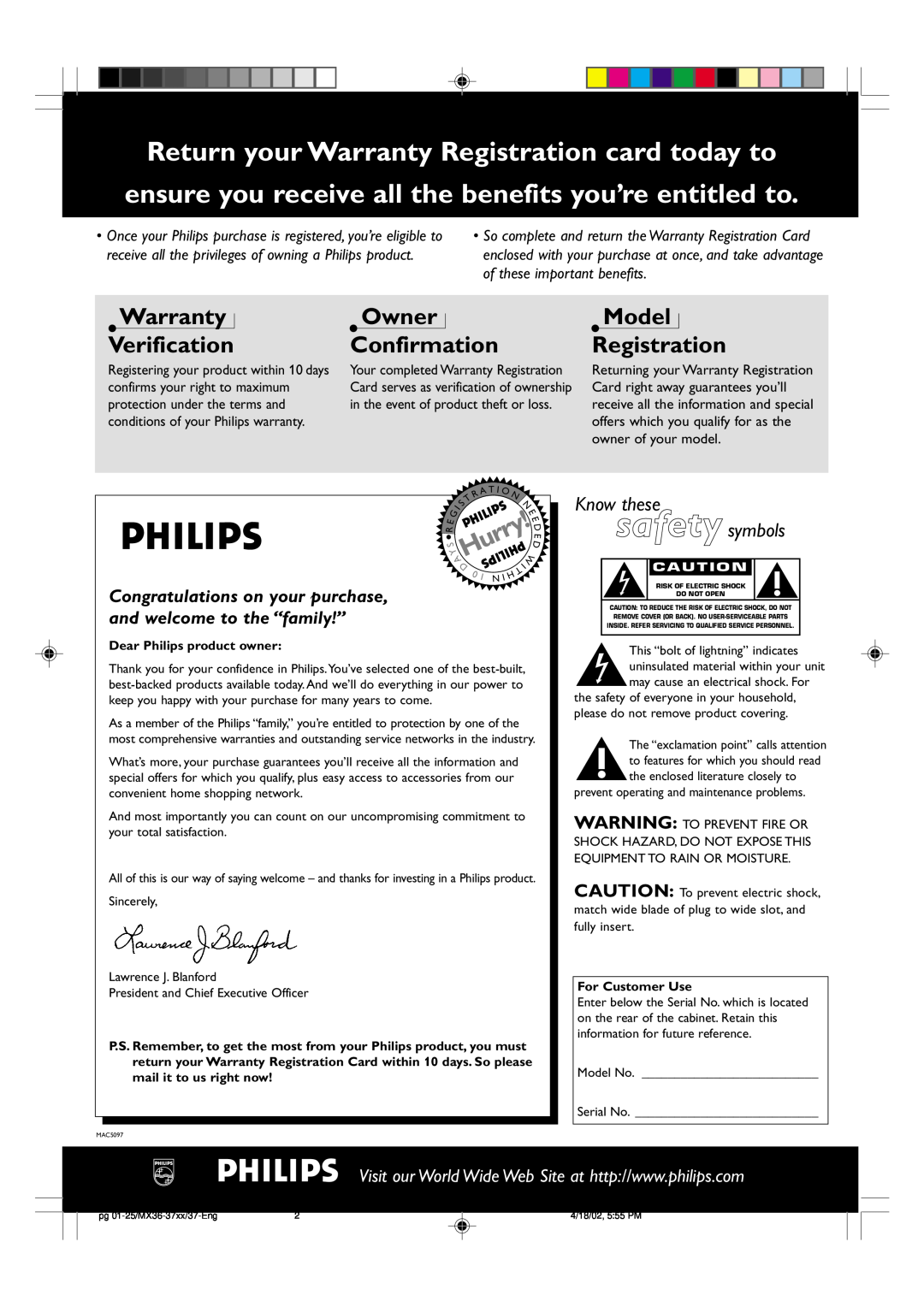 Philips MX-3700D warranty Return your Warranty Registration card today to, Warranty Verification, Owner Confirmation, Hurry 