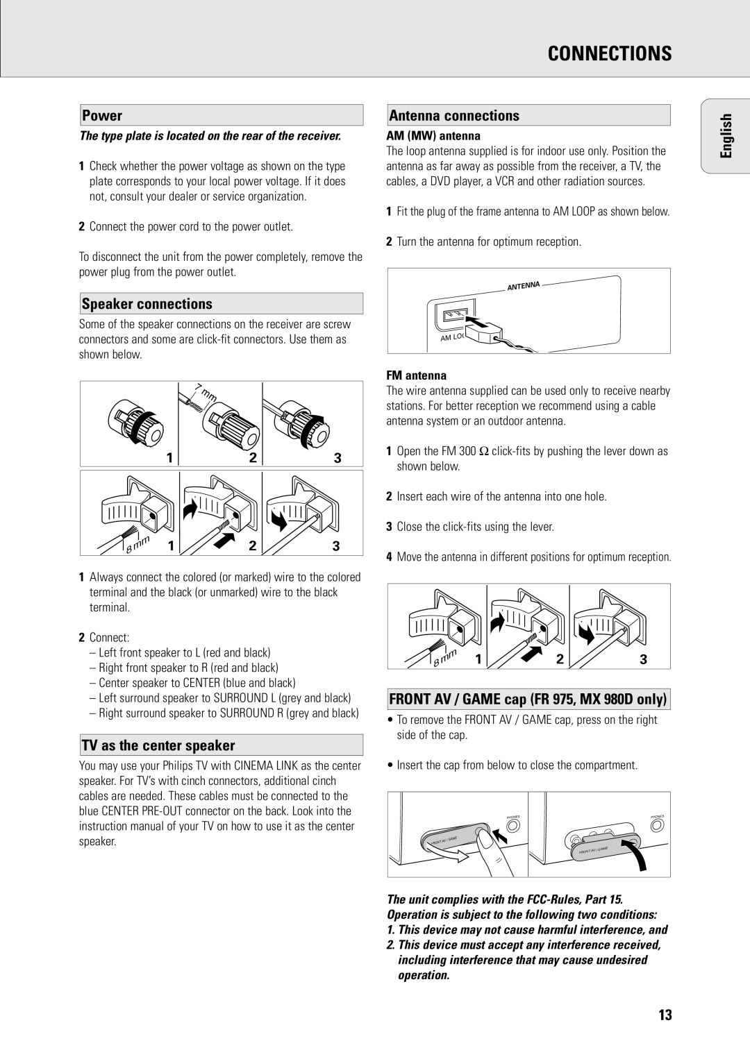 Philips MX960D Power, Speaker connections, TV as the center speaker Antenna connections, AM MW antenna, FM antenna 