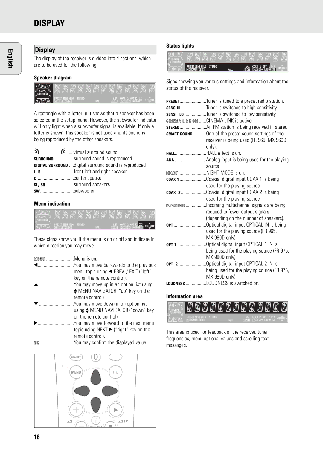 Philips MX-980D, MX960D specifications English Display, Speaker diagram, Status lights, Information area 