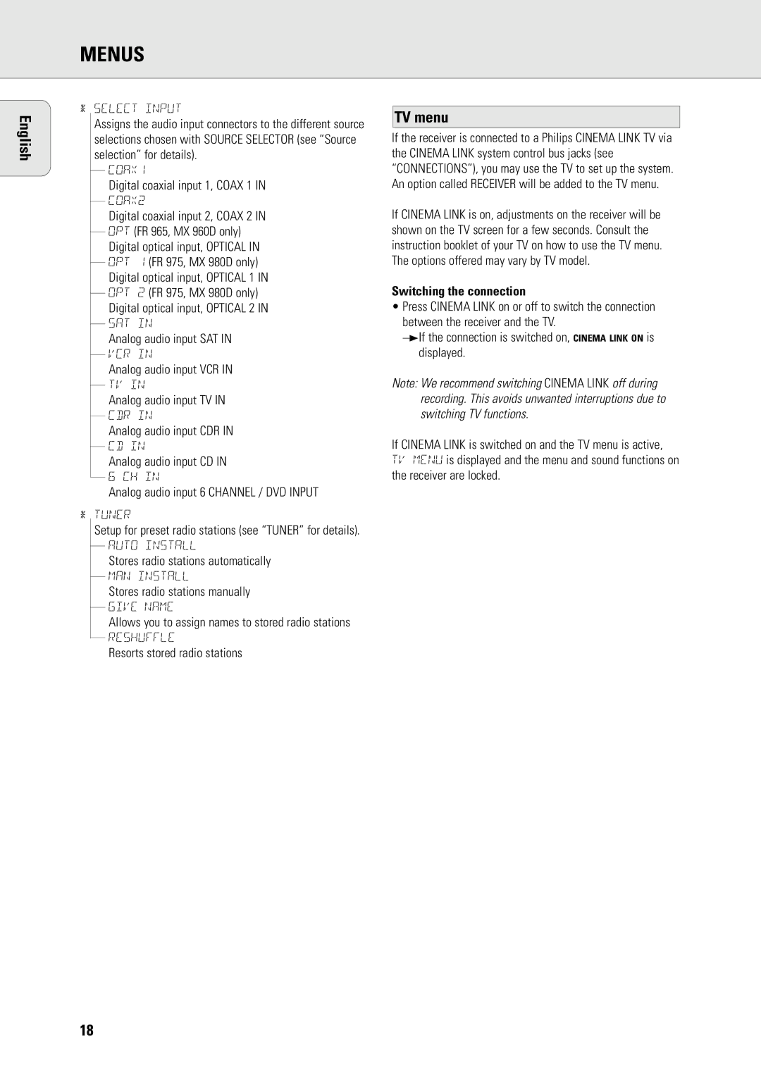 Philips MX-980D, MX960D specifications TV menu, Switching the connection 