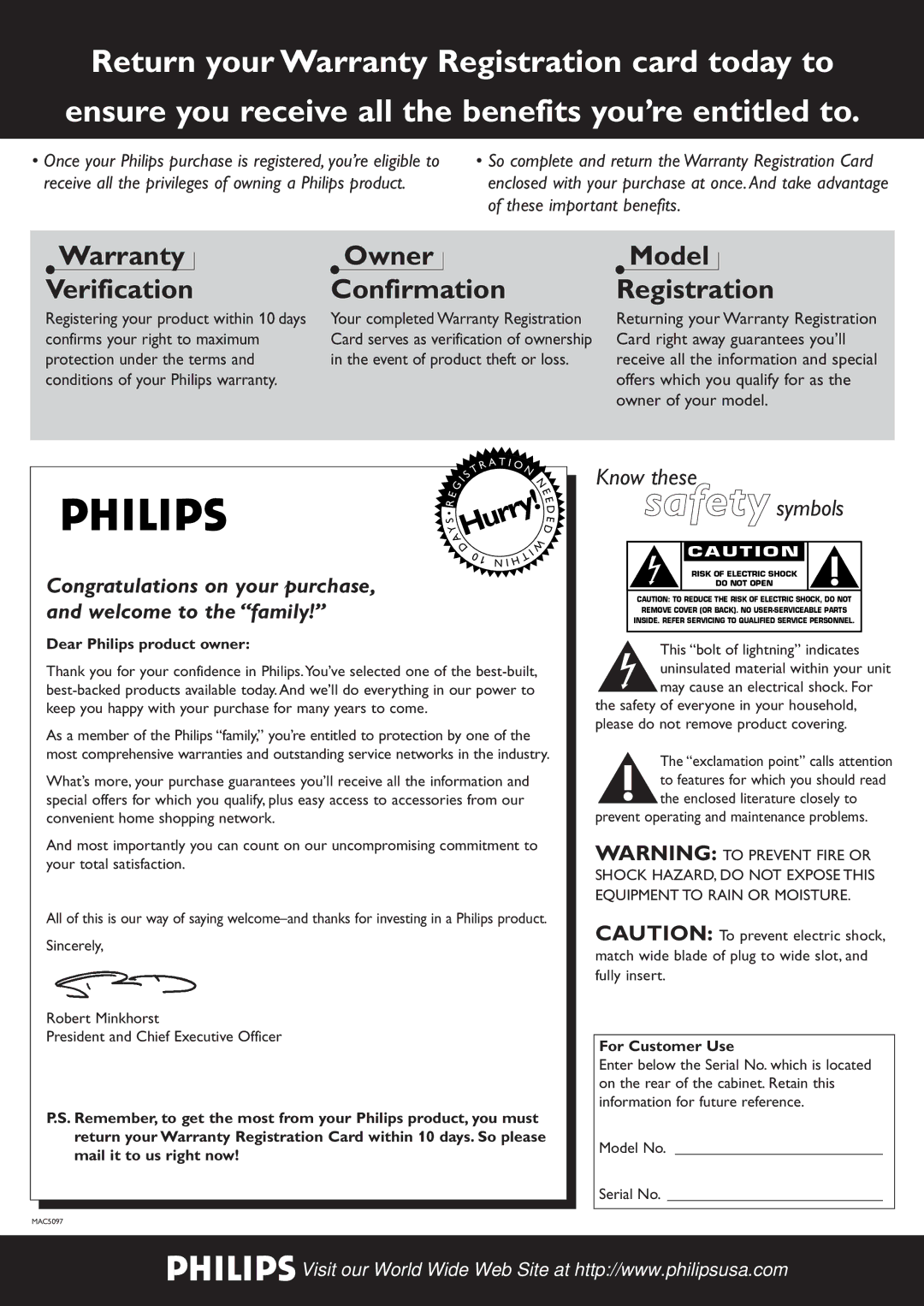 Philips MX-980D, MX960D Dear Philips product owner, Prevent operating and maintenance problems, For Customer Use 