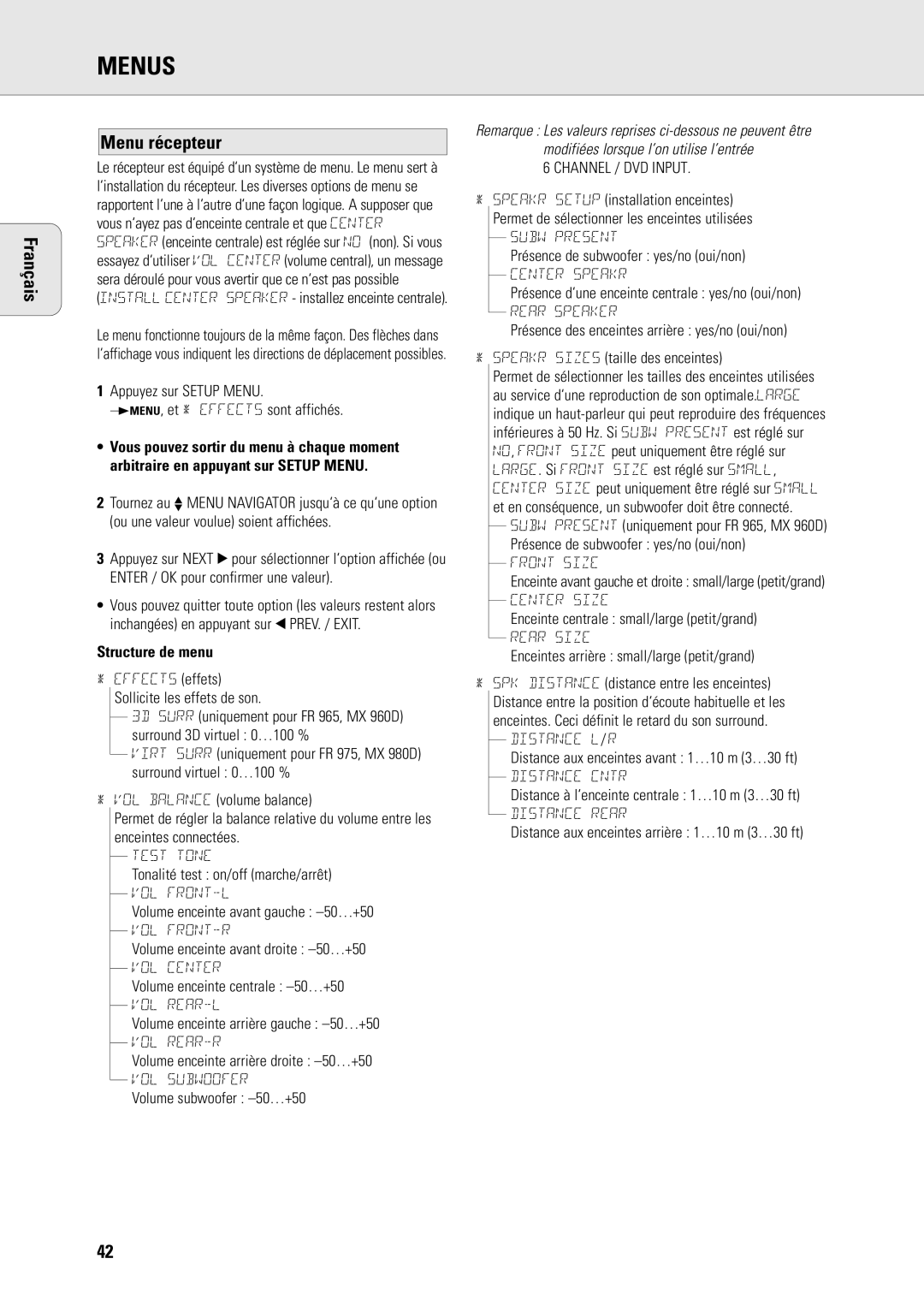 Philips MX-980D, MX960D specifications Français Menu récepteur, Structure de menu 