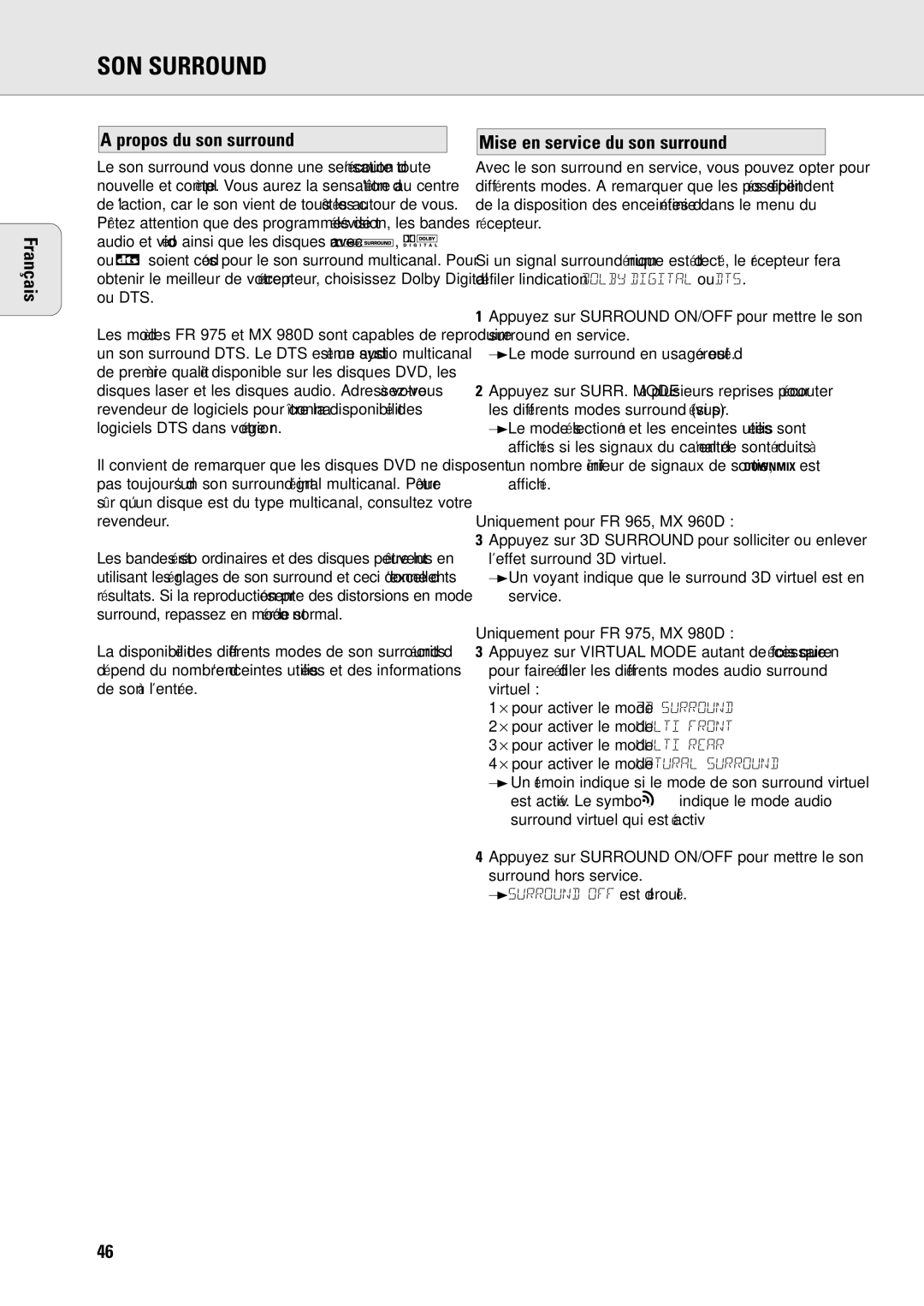 Philips MX-980D, MX960D specifications SON Surround, Français Propos du son surround, Mise en service du son surround 