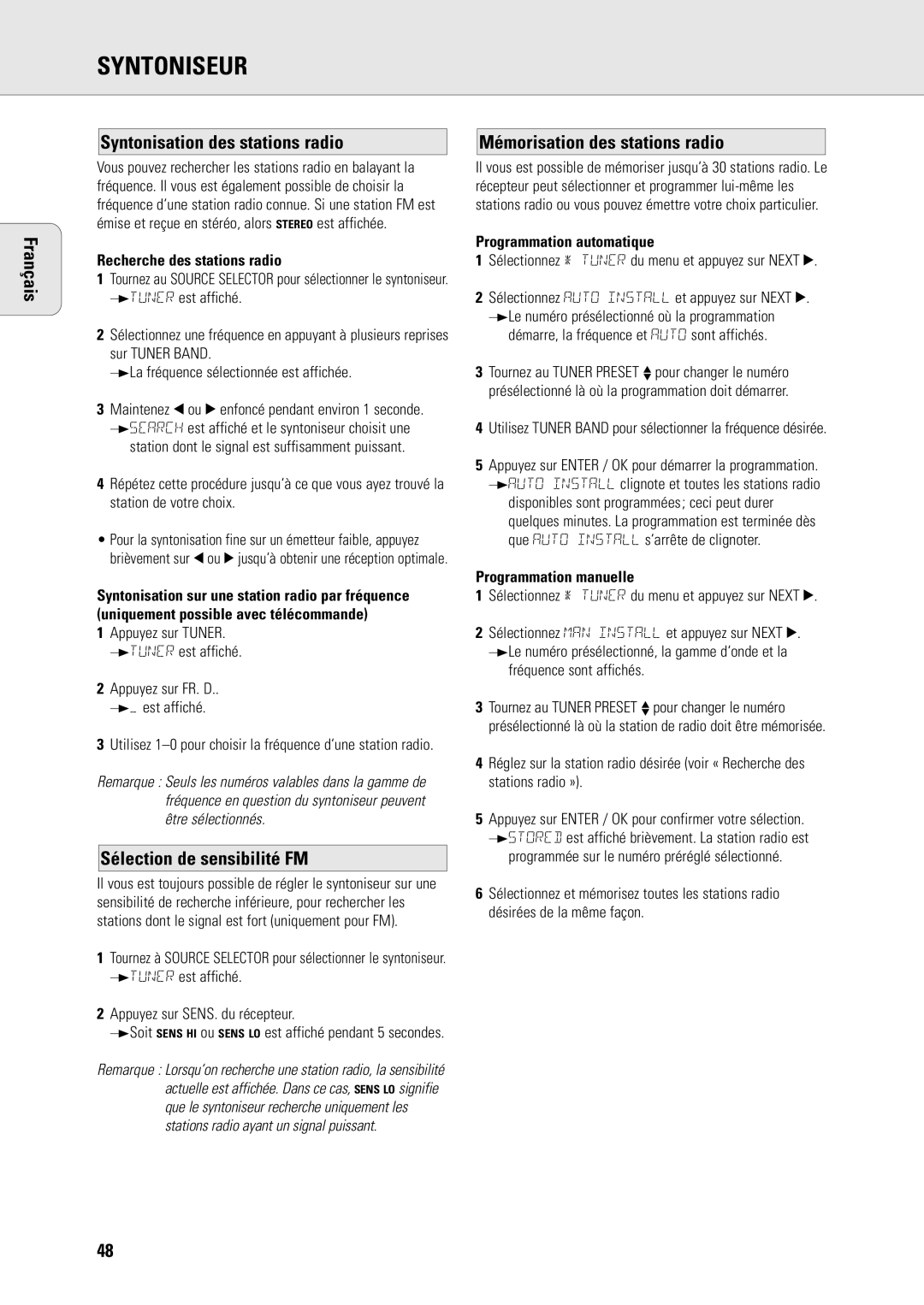 Philips MX-980D, MX960D specifications Syntoniseur, Français Syntonisation des stations radio, Sélection de sensibilité FM 