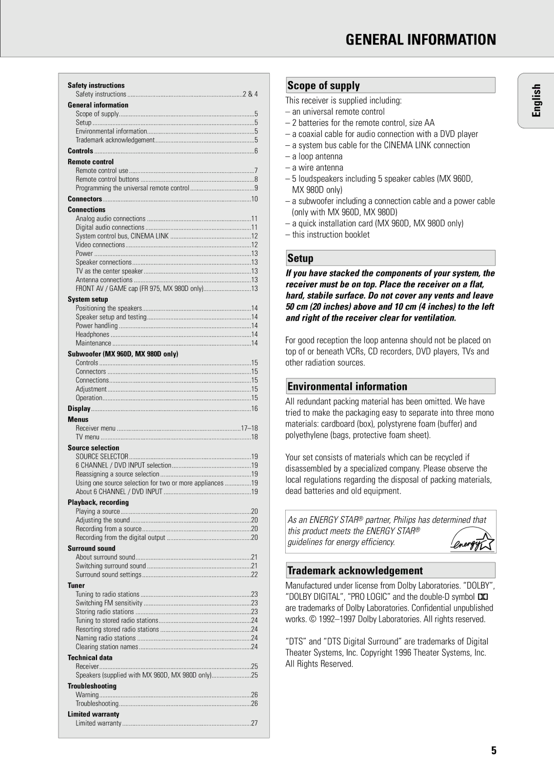 Philips MX960D, MX-980D General Information, Scope of supply, Setup, Environmental information, Trademark acknowledgement 