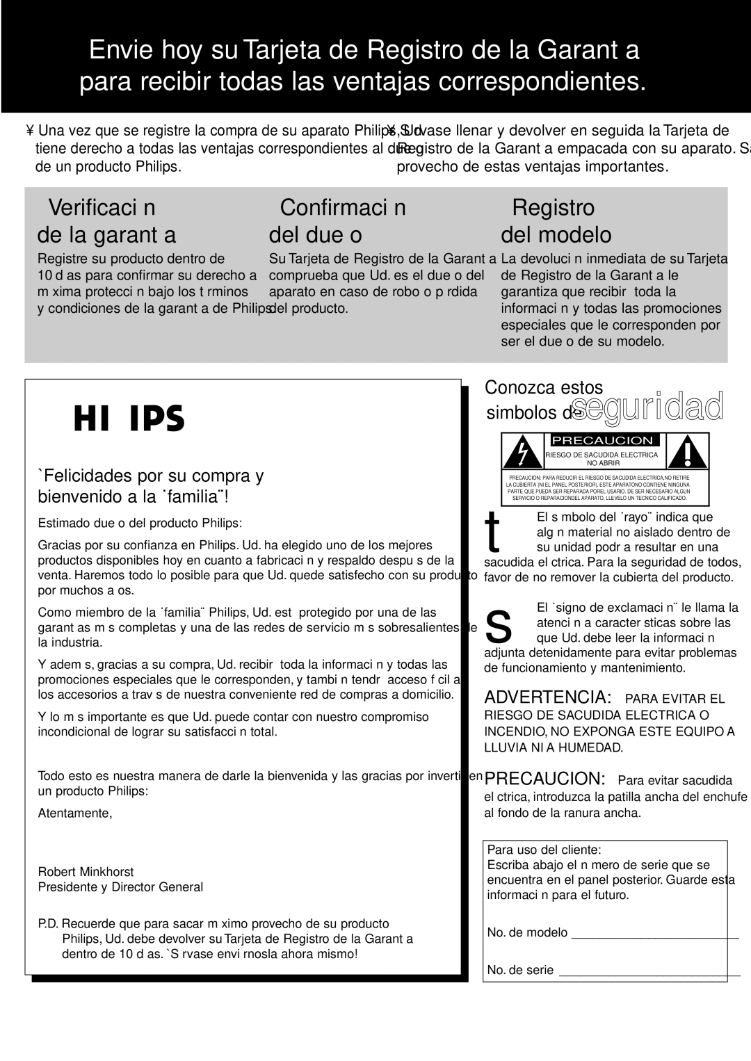 Philips MX960D, MX-980D specifications Estimado dueño del producto Philips, Para uso del cliente 