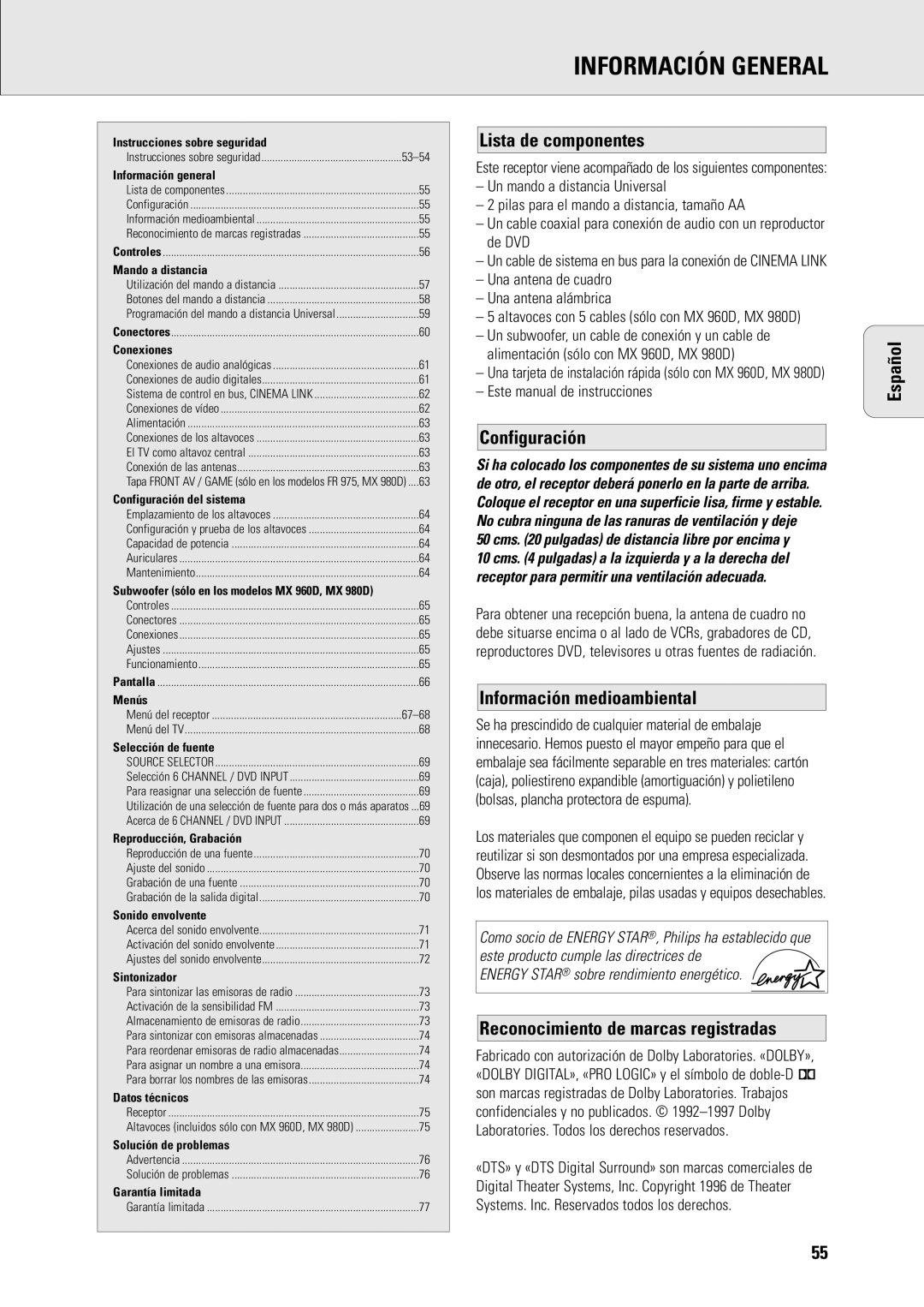 Philips MX960D, MX-980D specifications Información General, Lista de componentes, Configuración, Información medioambiental 