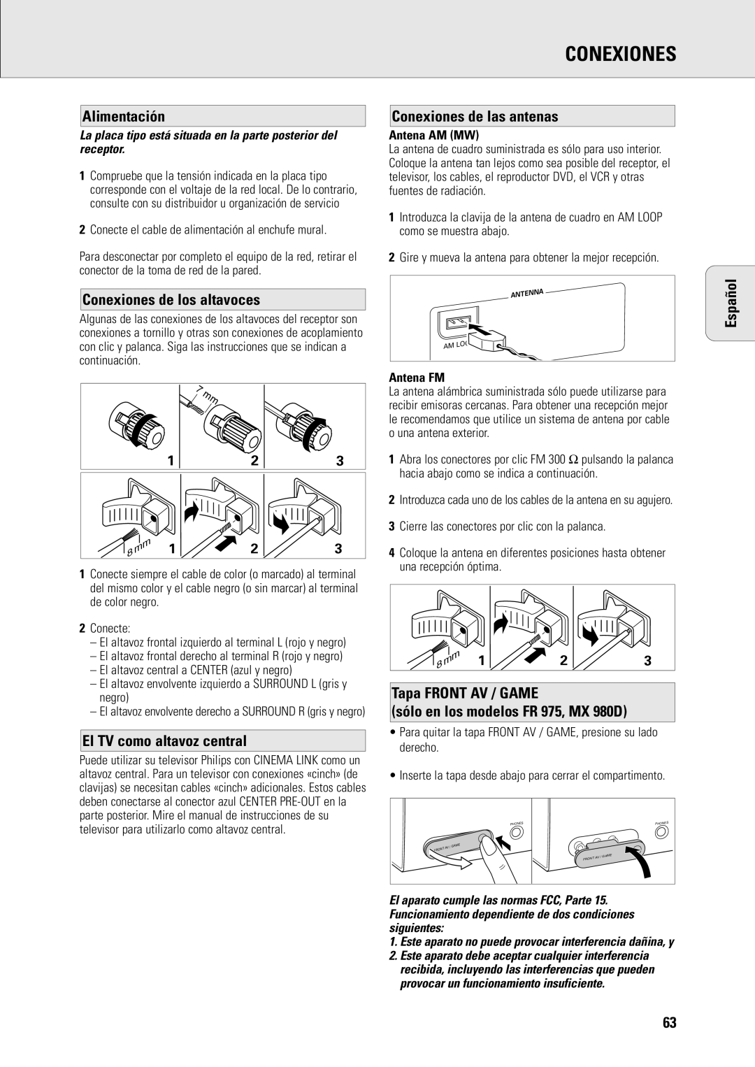 Philips MX960D, MX-980D Alimentación, Conexiones de los altavoces, El TV como altavoz central, Conexiones de las antenas 