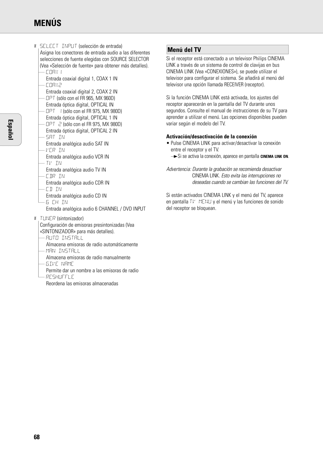 Philips MX-980D, MX960D specifications Menú del TV, Activación/desactivación de la conexión 