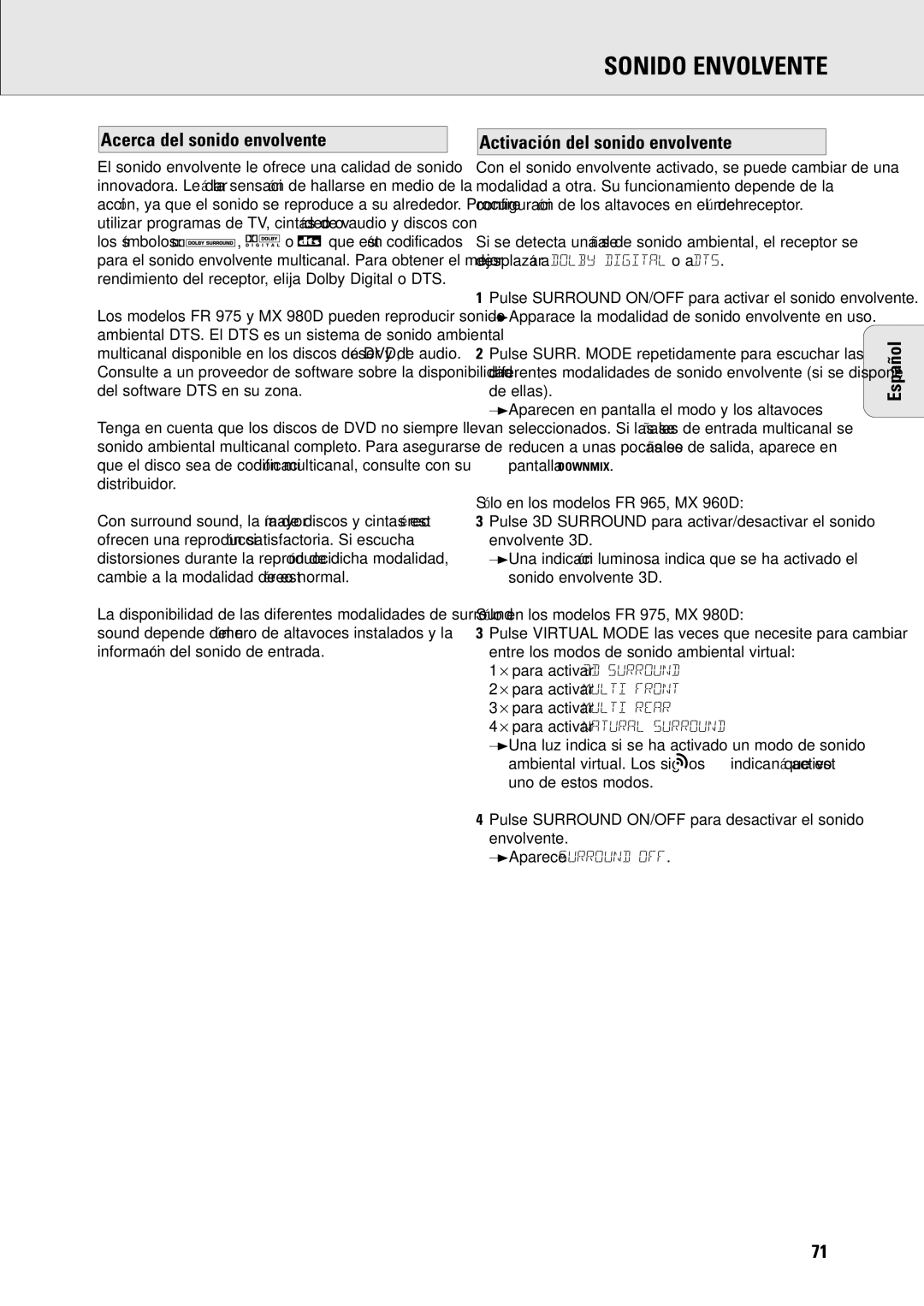 Philips MX960D, MX-980D specifications Sonido Envolvente, Acerca del sonido envolvente, Activación del sonido envolvente 