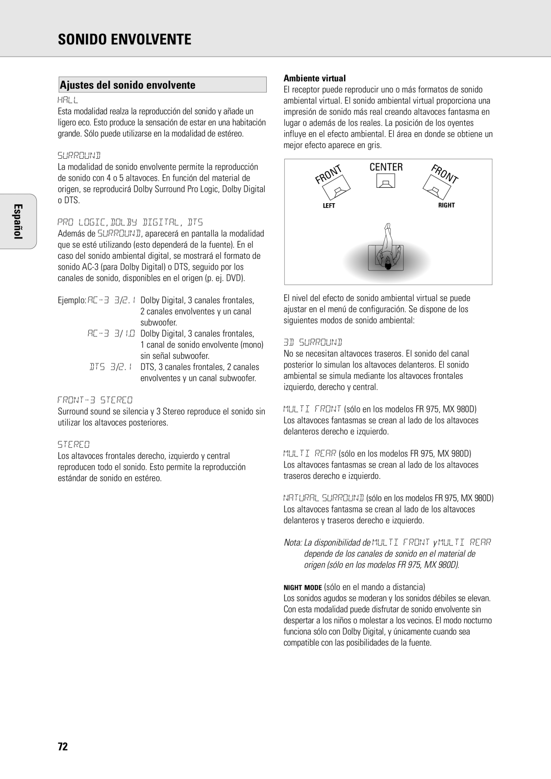 Philips MX-980D, MX960D Ajustes del sonido envolvente, Ambiente virtual, Night Mode sólo en el mando a distancia 