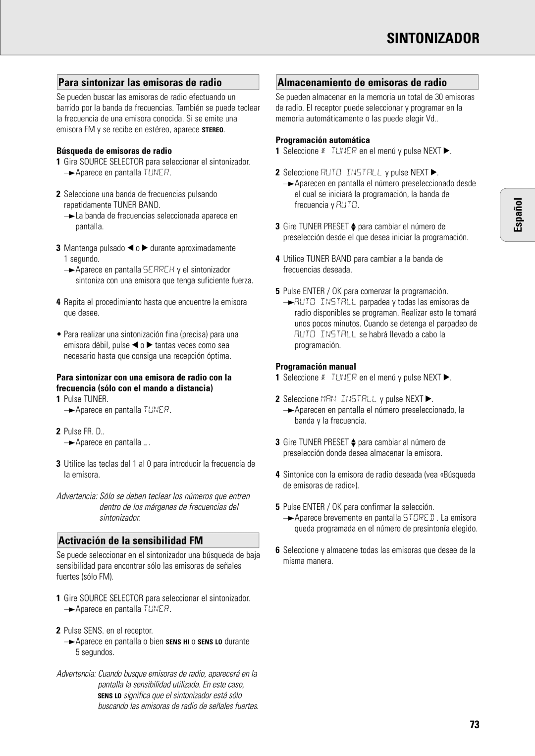 Philips MX960D, MX-980D specifications Sintonizador, Para sintonizar las emisoras de radio, Activación de la sensibilidad FM 