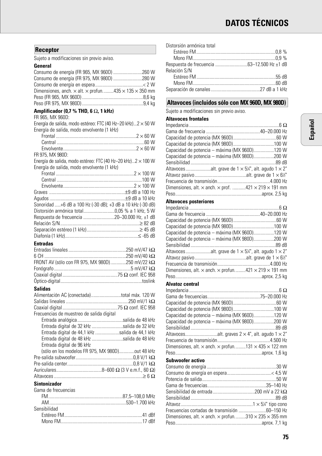 Philips MX960D, MX-980D specifications Datos Técnicos, Receptor, Entradas, Salidas, Sintonizador 