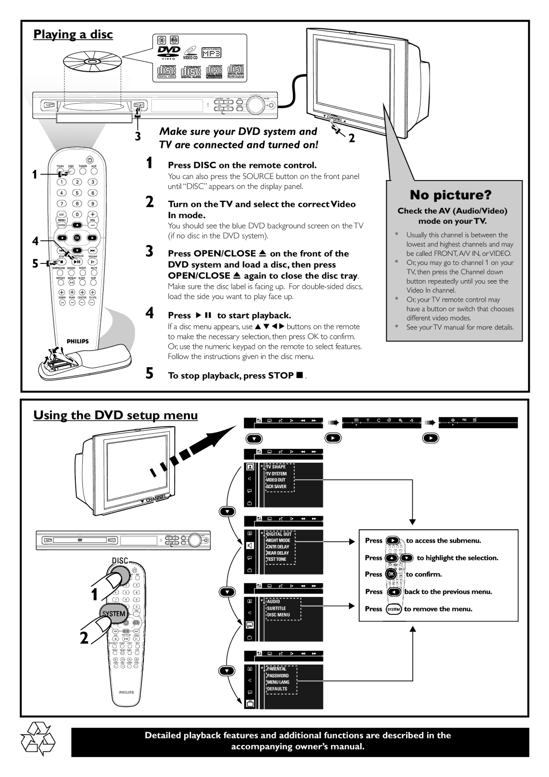 Philips MX2500/01 manual Playing a disc, No picture? 