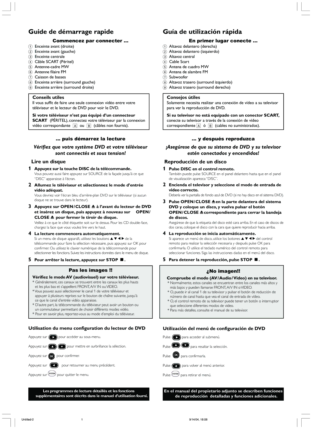 Philips MX2500/01 manual Guide de démarrage rapide, Guía de utilización rápida, Lire un disque, Reproducción de un disco 