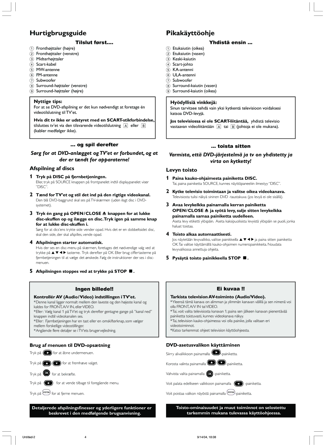 Philips MX2500/01 manual Hurtigbrugsguide, Pikakäyttöohje, Der er tændt for apparaterne, Afspilning af discs, Levyn toisto 