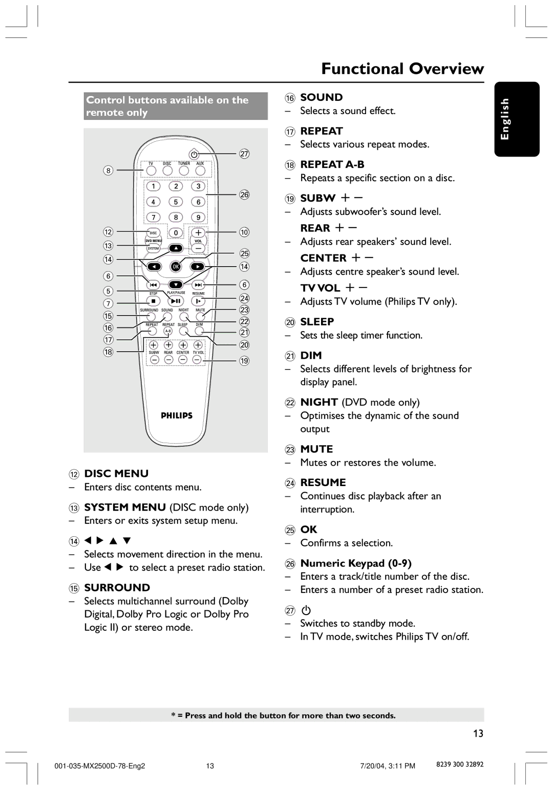 Philips 78, MX2500D user manual @ Disc Menu, Surround, Sound, Repeat A-B, Sleep, ¡ Dim, £ Mute, ≤ Resume 