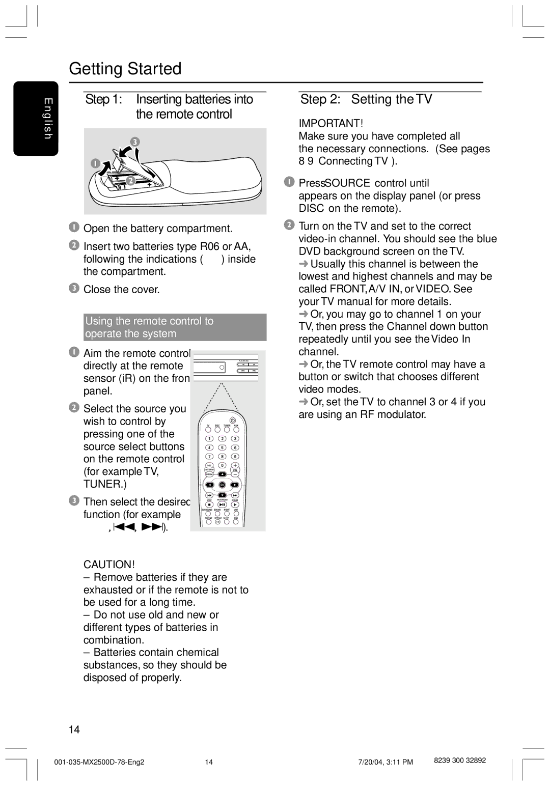 Philips MX2500D Getting Started, Setting the TV, Using the remote control to operate the system, Aim the remote control 