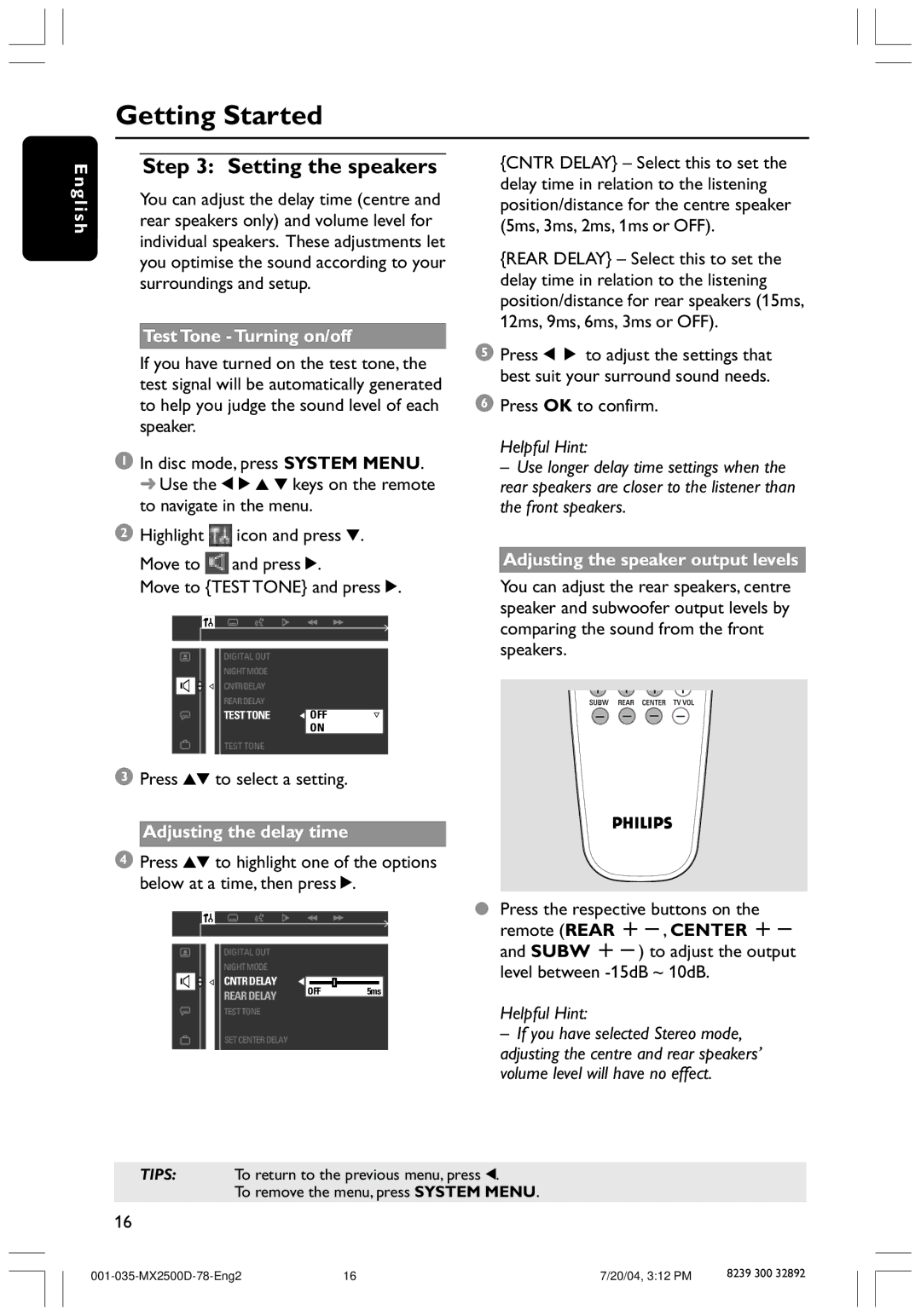 Philips MX2500D, 78 user manual Setting the speakers, Test Tone Turning on/off, Adjusting the delay time 