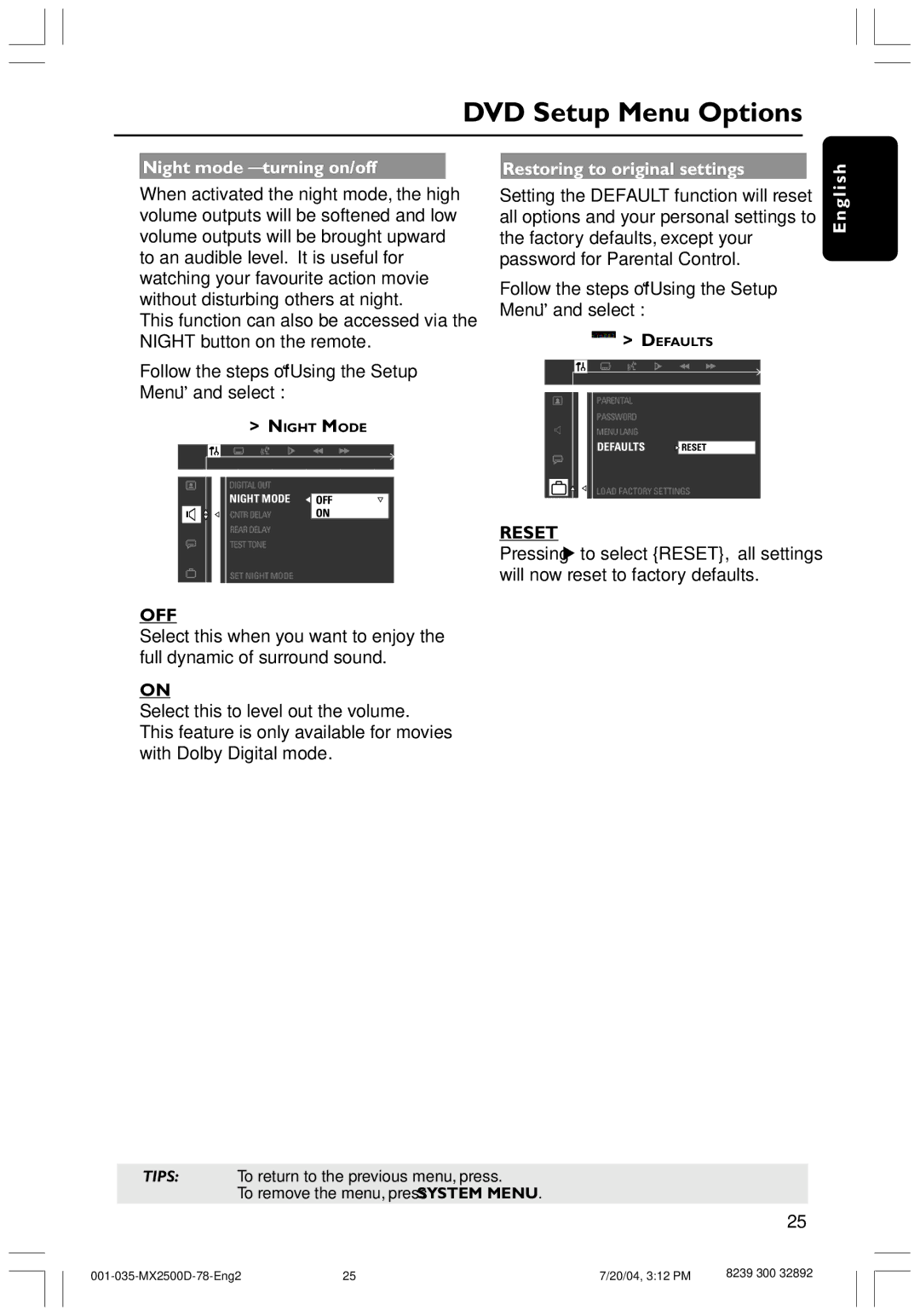 Philips 78, MX2500D user manual Night mode turning on/off, Restoring to original settings, Reset 