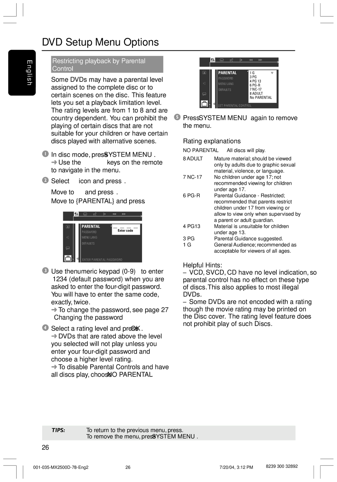 Philips MX2500D, 78 G l i s h Restricting playback by Parental Control, Move to and press Move to Parental and press 