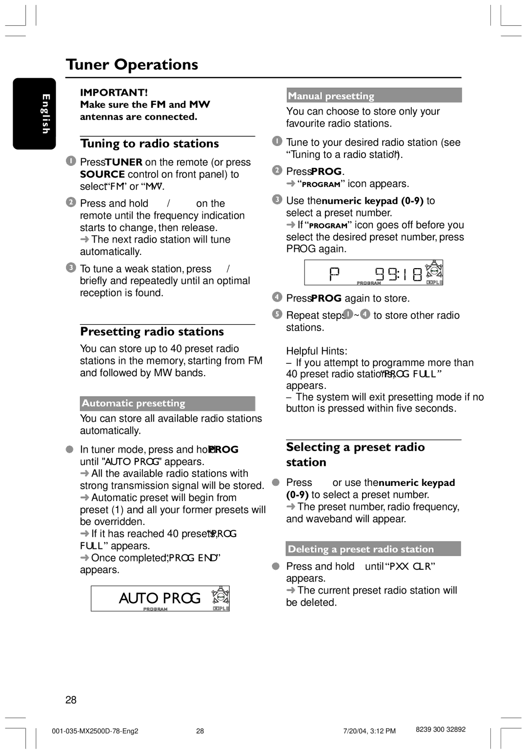 Philips MX2500D Tuner Operations, Tuning to radio stations, Presetting radio stations, Selecting a preset radio station 