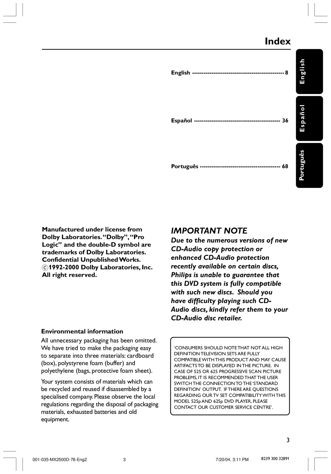 Philips 78, MX2500D user manual Index, Português Español English 