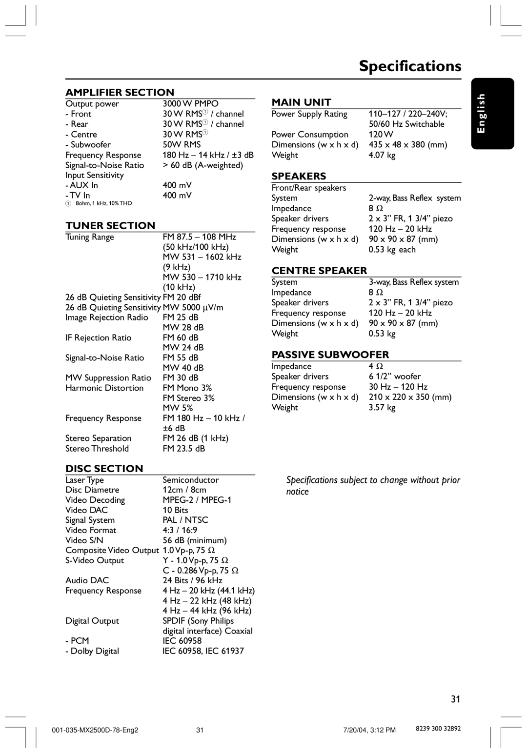 Philips 78, MX2500D user manual Specifications 