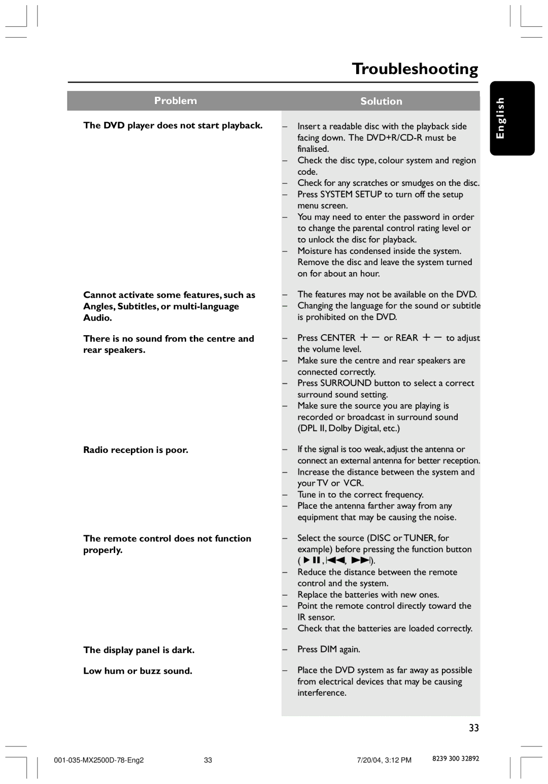 Philips 78, MX2500D user manual Press System Setup to turn off the setup menu screen 