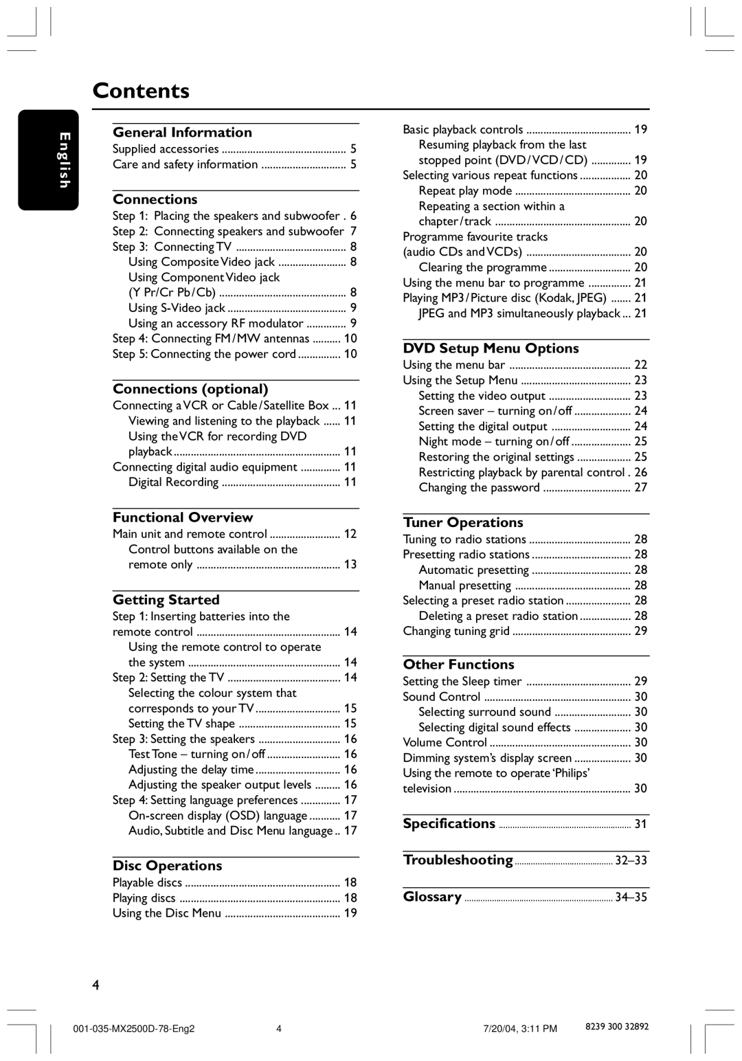 Philips MX2500D, 78 user manual Contents 