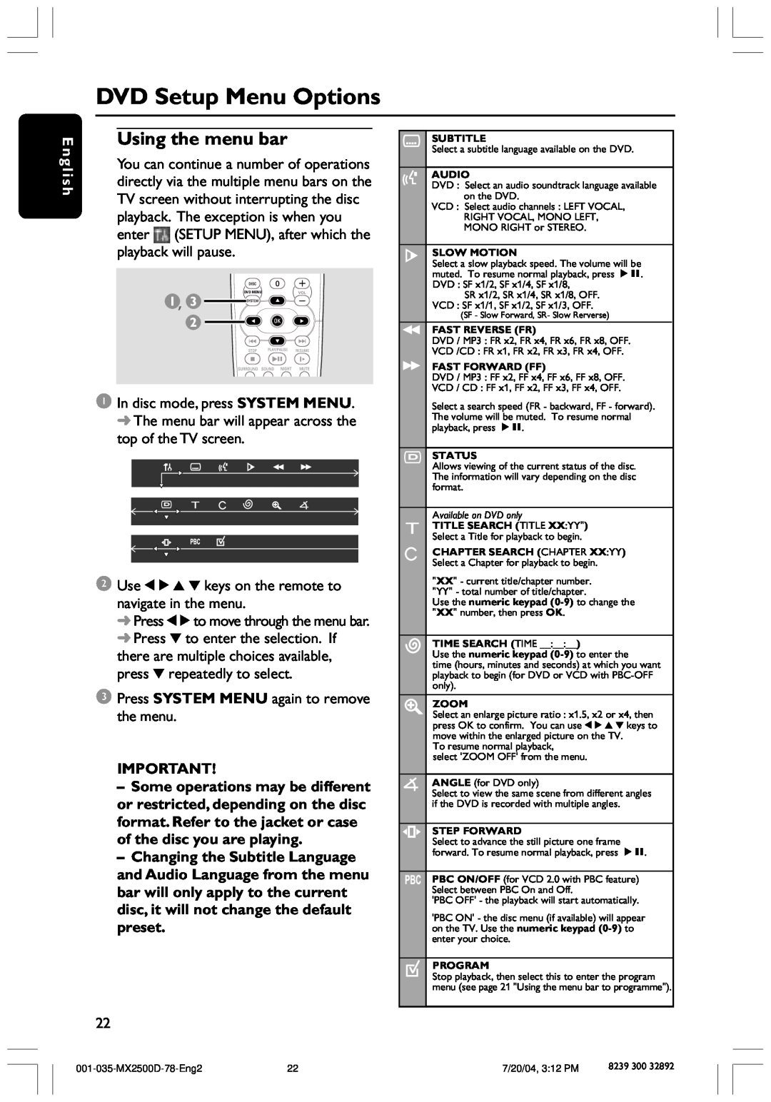 Philips MX2500D, 78 user manual DVD Setup Menu Options, Using the menu bar, E n g l i s h 