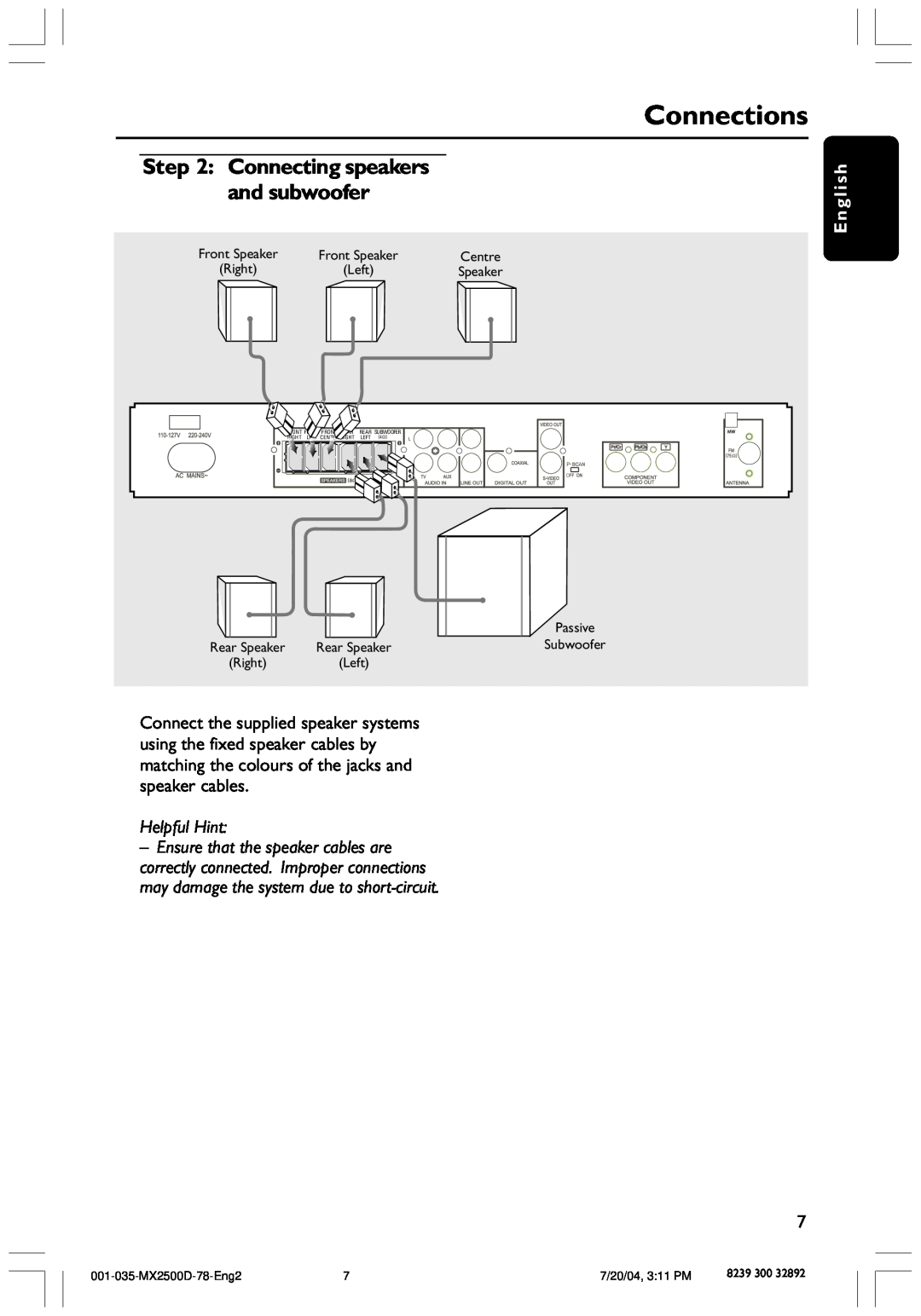 Philips 78, MX2500D user manual Connections, Connecting speakers and subwoofer, English, Helpful Hint 