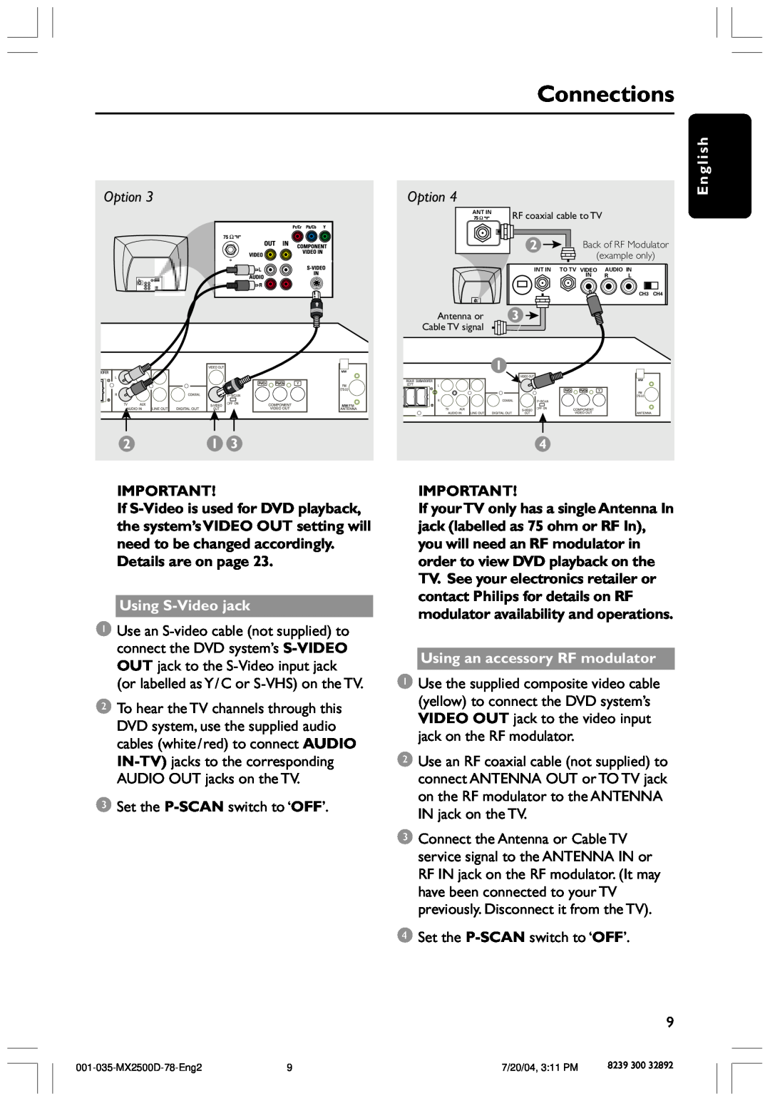 Philips 78, MX2500D user manual Connections, Option, English, Using S-Videojack, Using an accessory RF modulator 