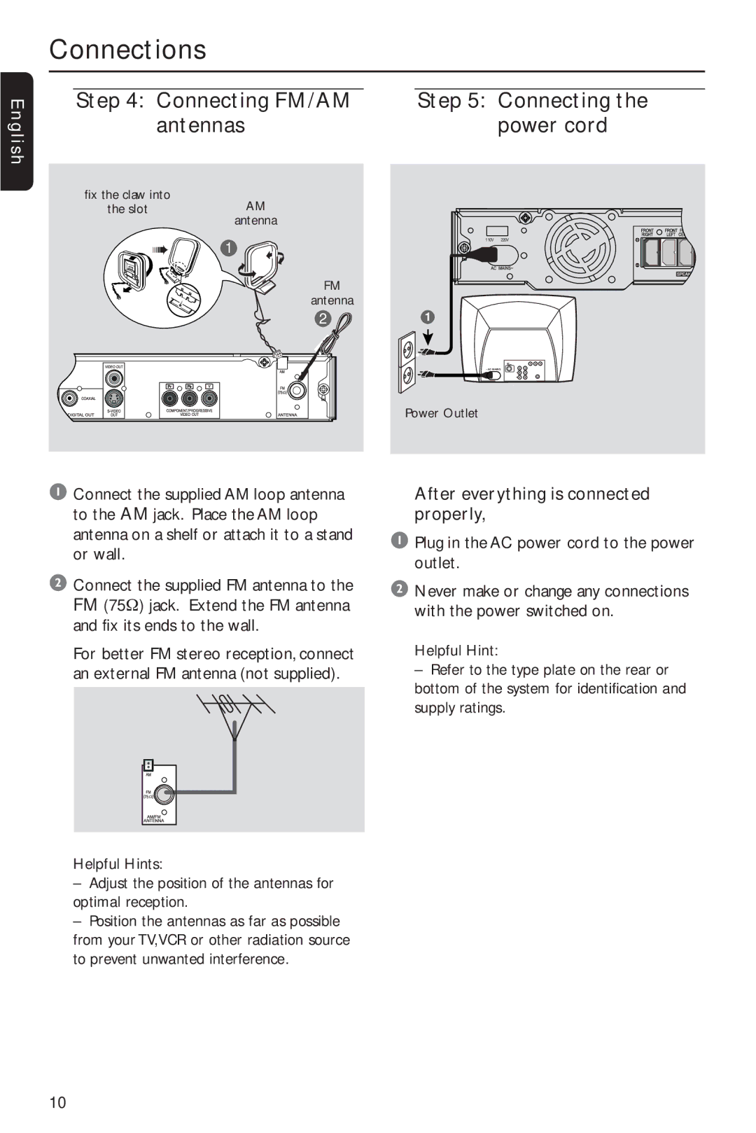 Philips MX2600/55 user manual Connecting FM/AM Antennas Power cord 