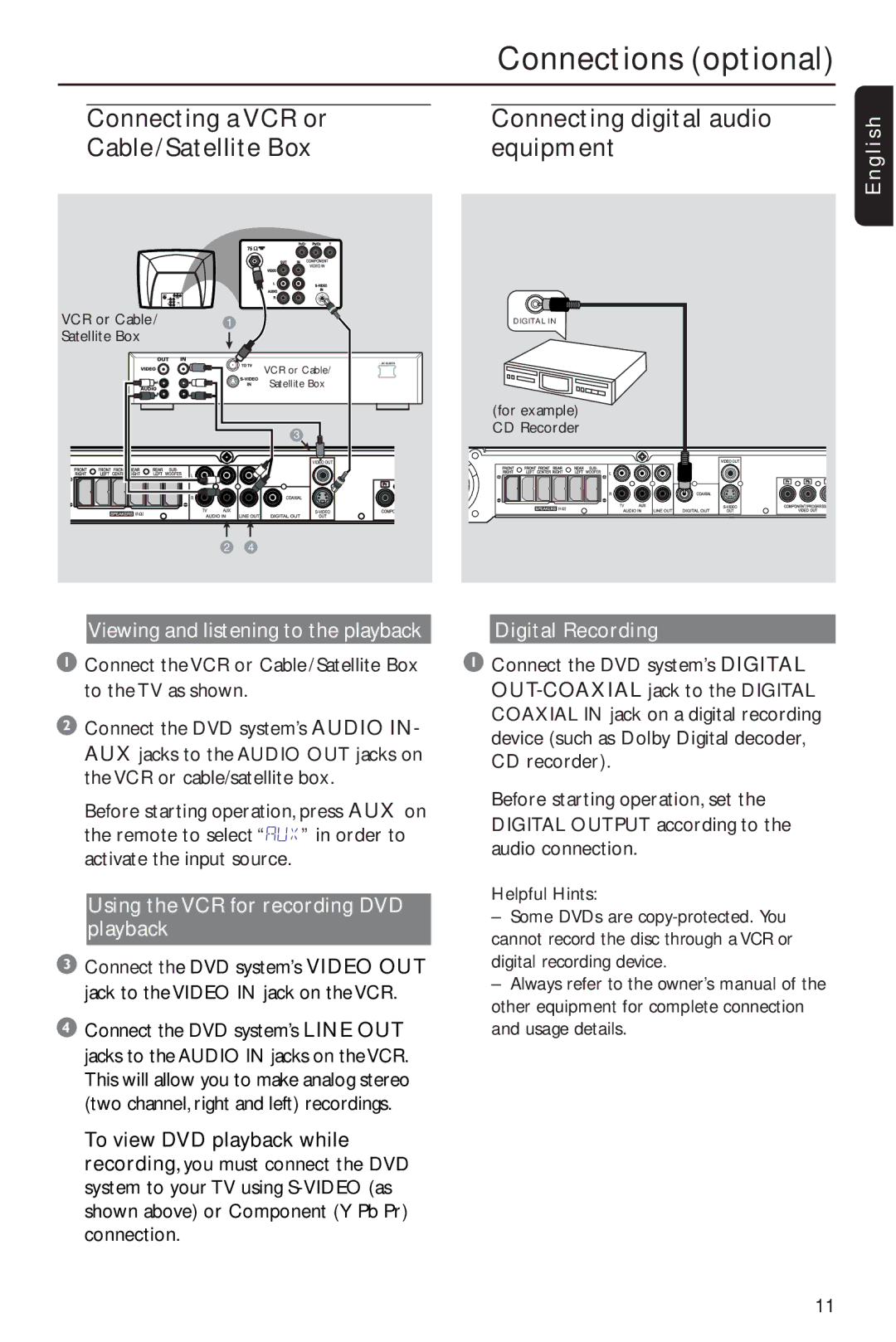 Philips MX2600 Connections optional, Viewing and listening to the playback, Using the VCR for recording DVD playback 