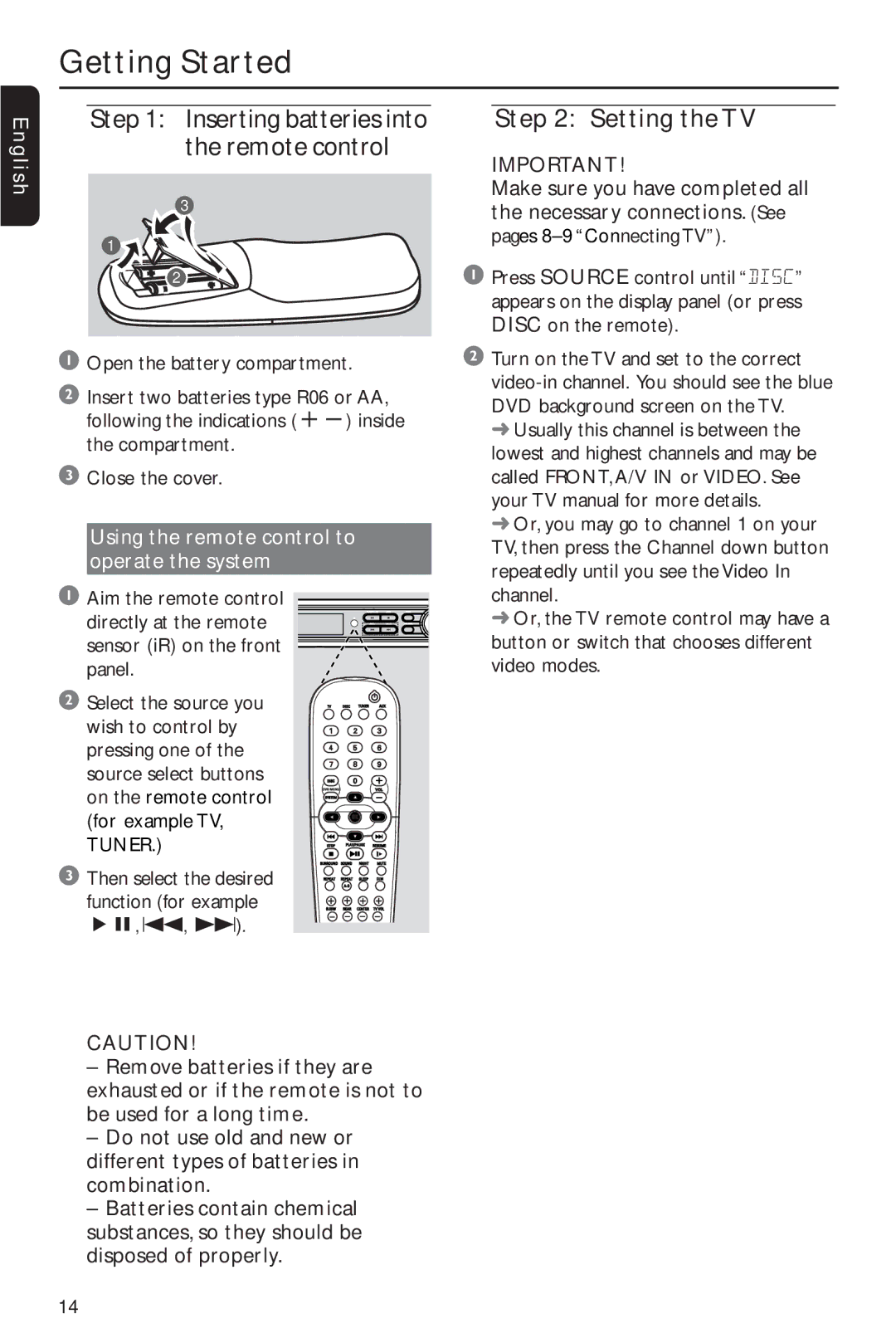 Philips MX2600/55 user manual Getting Started, Inserting batteries into the remote control, Setting the TV 