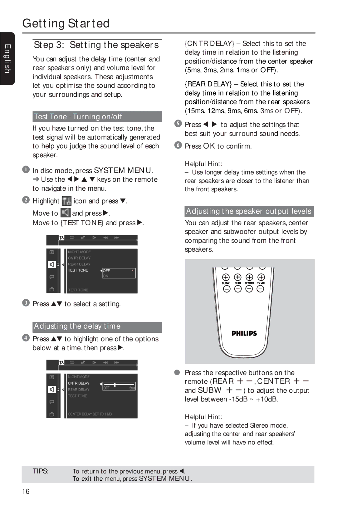 Philips MX2600/55 user manual Setting the speakers, Test Tone Turning on/off, Adjusting the delay time 