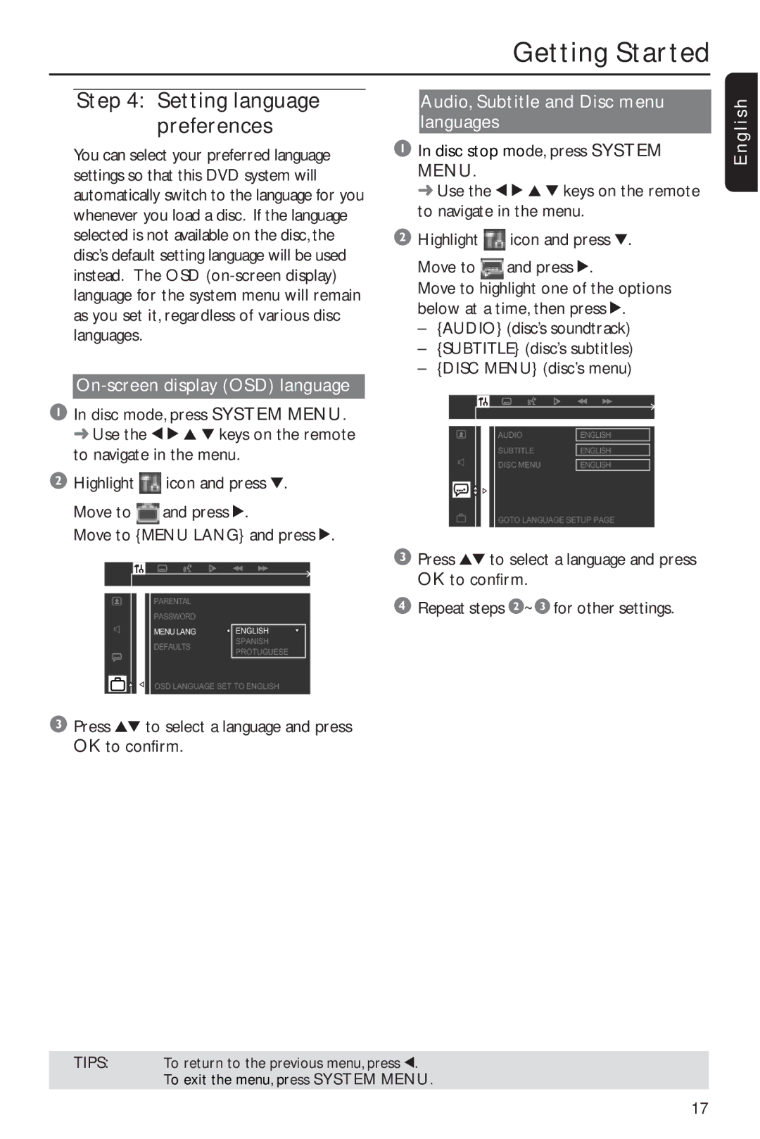 Philips MX2600 Setting language preferences, On-screen display OSD language, Audio, Subtitle and Disc menu languages 