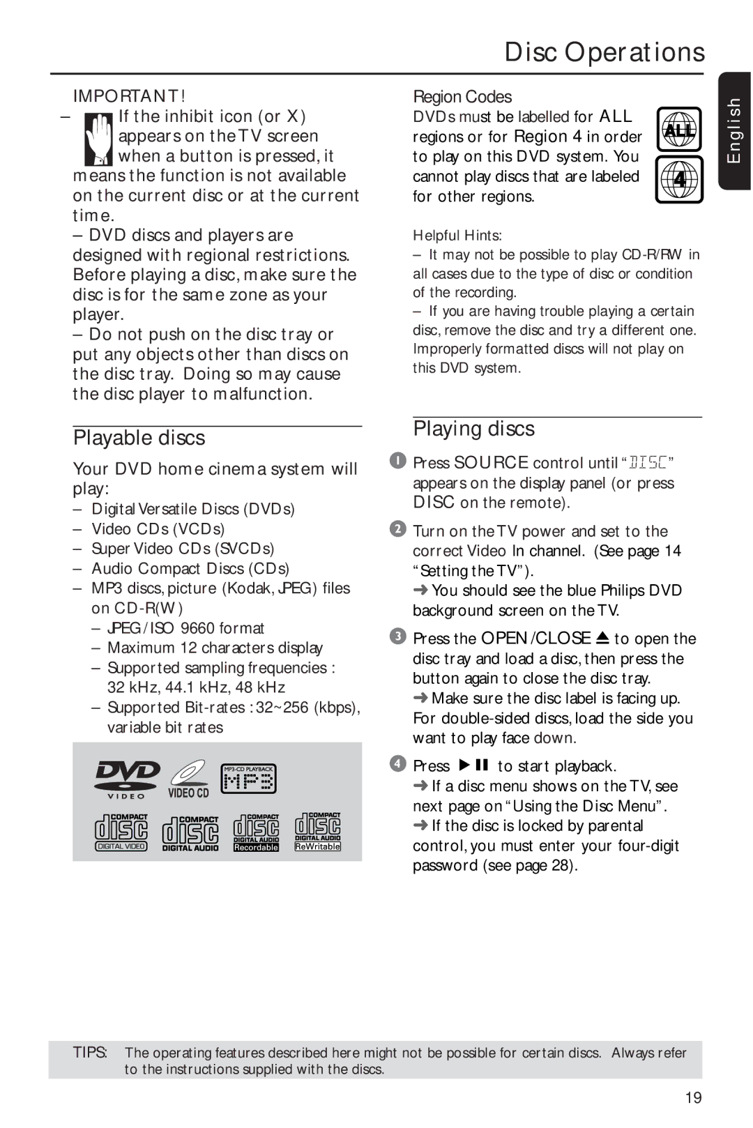 Philips MX2600/55 user manual Disc Operations, Playable discs, Playing discs 